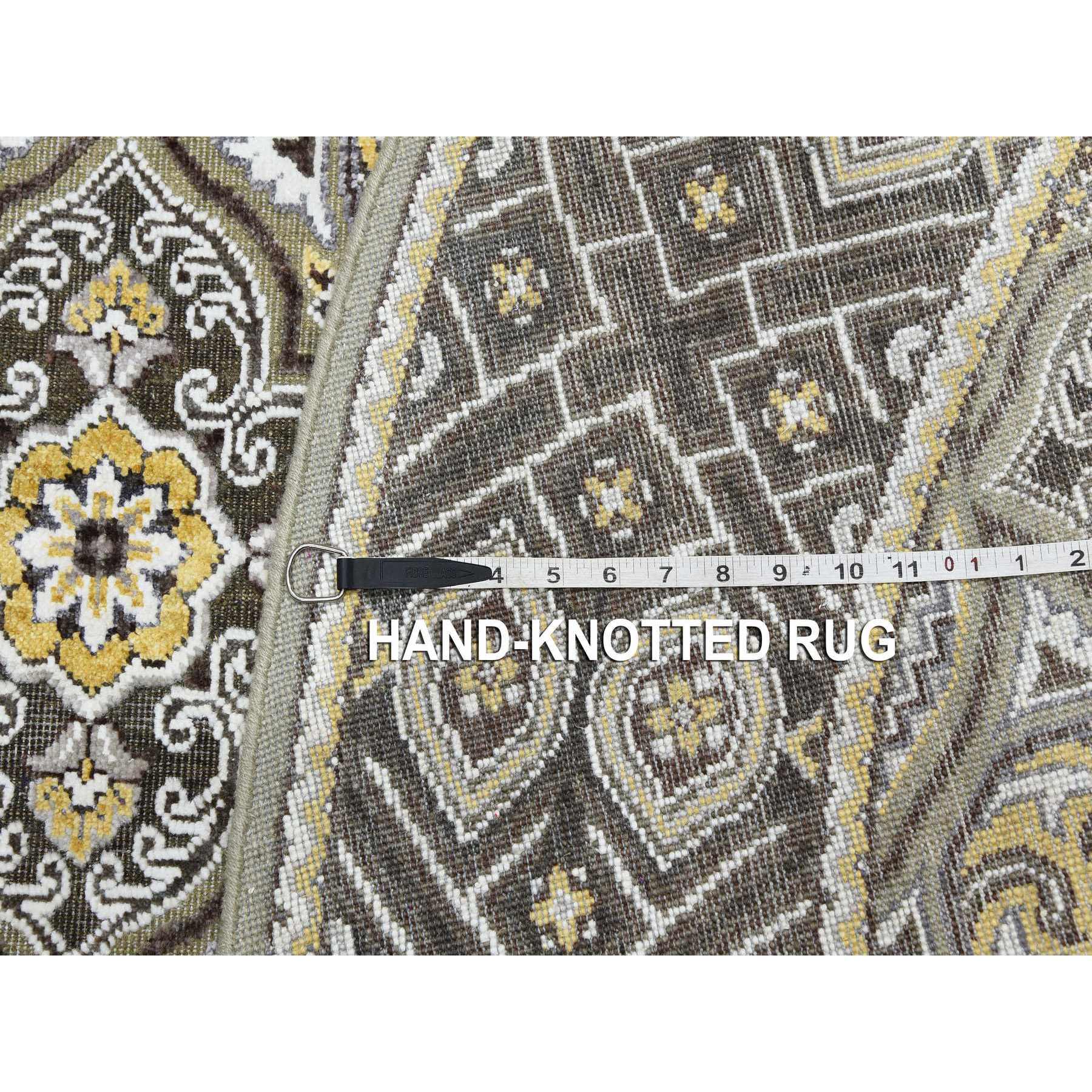 6'2"x6'2" Taupe-Brown Textured Wool and Silk Mughal Inspired Medallions Design Hand-Knotted Round Oriental Rug HR75129 - Image 7