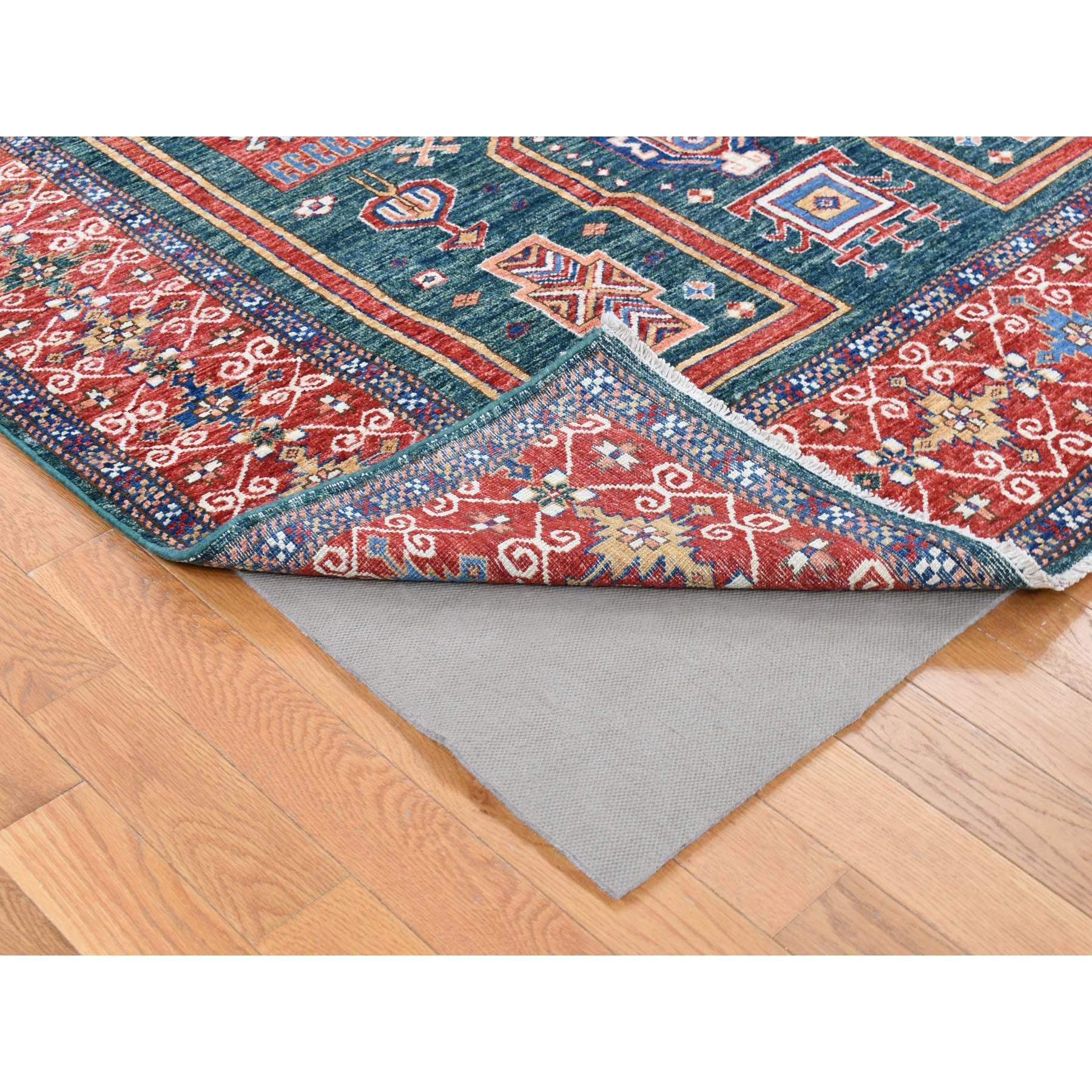 5'4"x7'9" Dark Green, Afghan Super Kazak with Geometric Caucasian Design, Hand Knotted Pure Wool Oriental Rug HR80319 - Image 2
