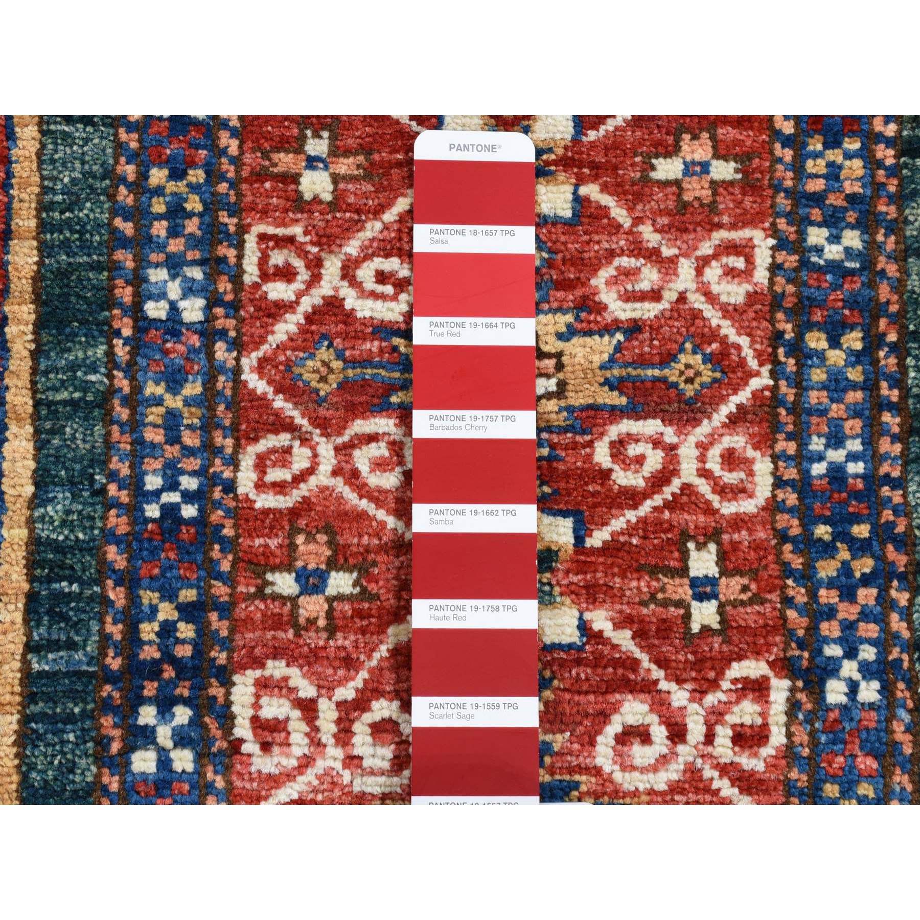 5'4"x7'9" Dark Green, Afghan Super Kazak with Geometric Caucasian Design, Hand Knotted Pure Wool Oriental Rug HR80319 - Image 3
