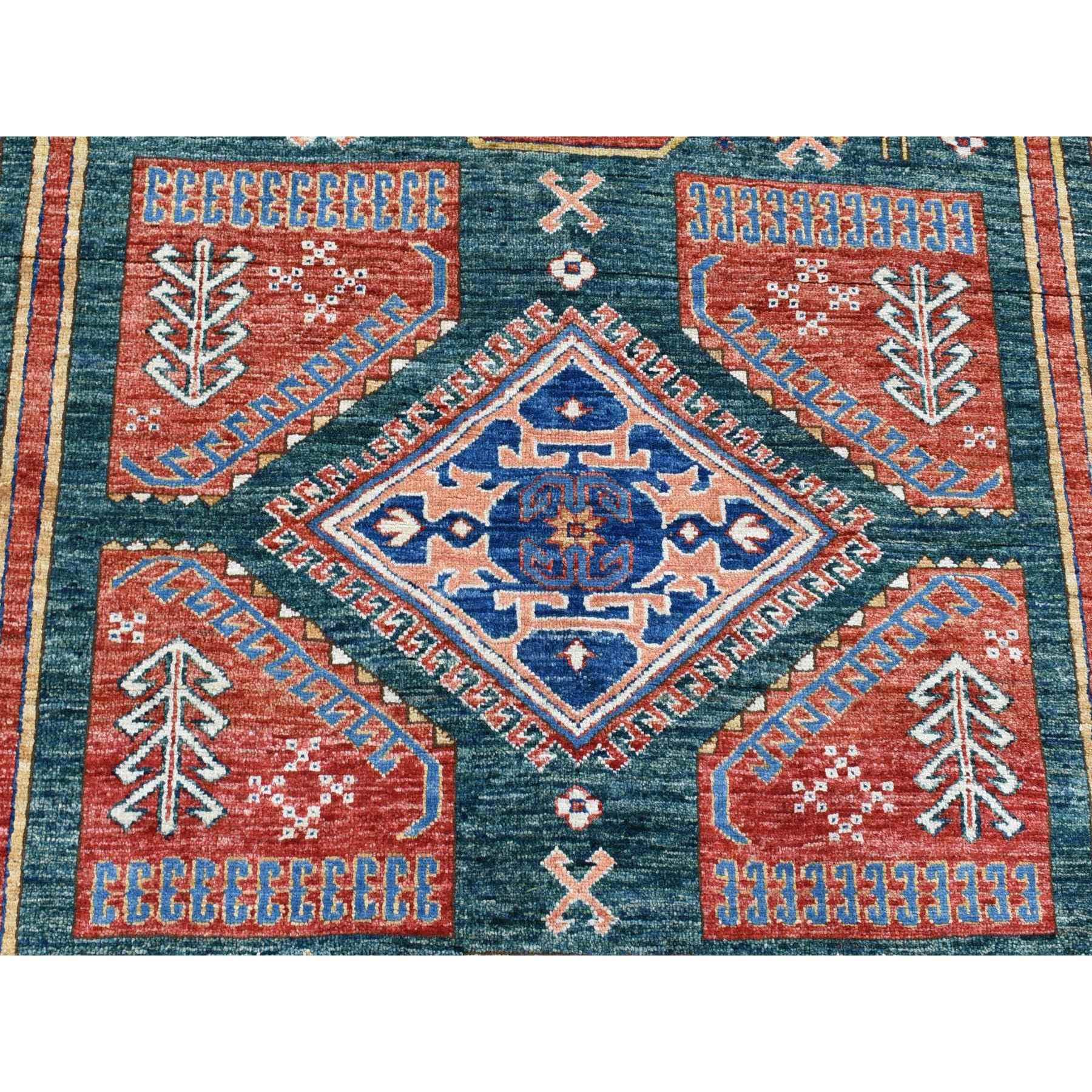 5'4"x7'9" Dark Green, Afghan Super Kazak with Geometric Caucasian Design, Hand Knotted Pure Wool Oriental Rug HR80319 - Image 4