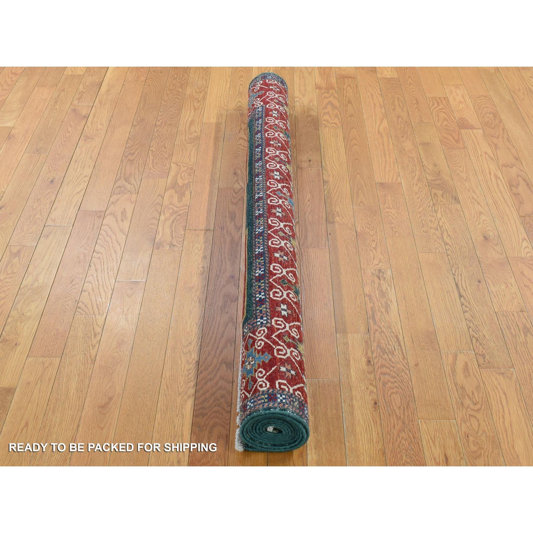 5'4"x7'9" Dark Green, Afghan Super Kazak with Geometric Caucasian Design, Hand Knotted Pure Wool Oriental Rug HR80319 - Image 5