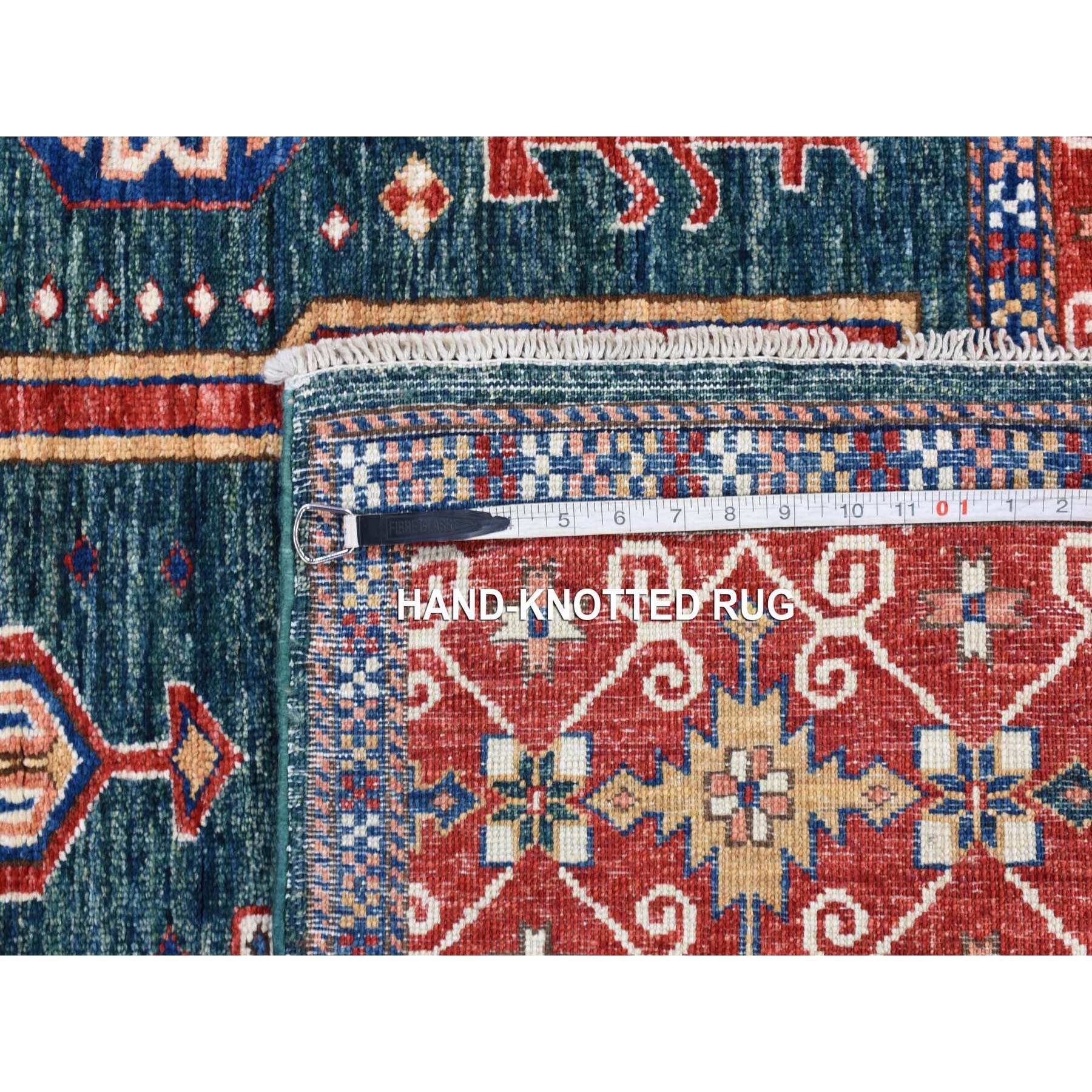 5'4"x7'9" Dark Green, Afghan Super Kazak with Geometric Caucasian Design, Hand Knotted Pure Wool Oriental Rug HR80319 - Image 7