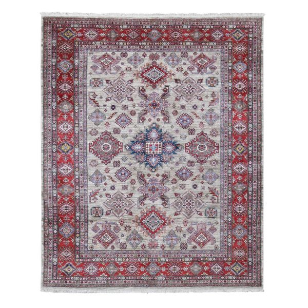 8'4"x10'2" Camel Color, Afghan Super Kazak with Geometric Design, Shiny and Vibrant Wool, Hand Knotted Oriental Rug HR80323