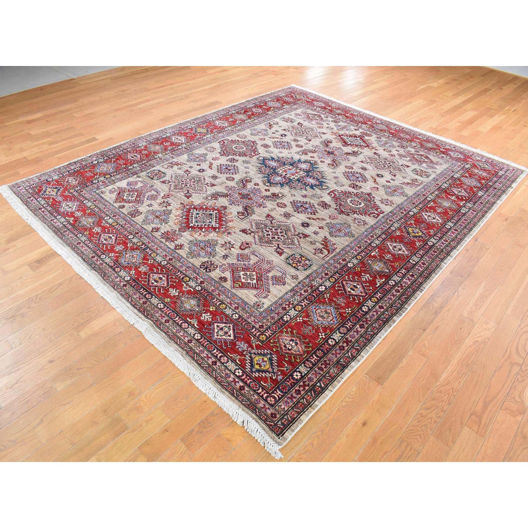 8'4"x10'2" Camel Color, Afghan Super Kazak with Geometric Design, Shiny and Vibrant Wool, Hand Knotted Oriental Rug HR80323 - Image 4