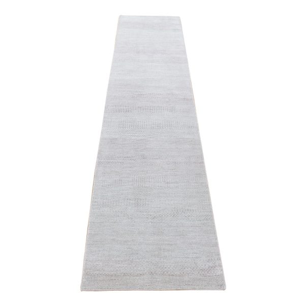 2'6"x11'3" Light Gray with Touches of Pink, Modern Grass Design Gabbeh Densely Woven, Wool and Silk Hand Knotted, Runner Oriental Rug HR80338