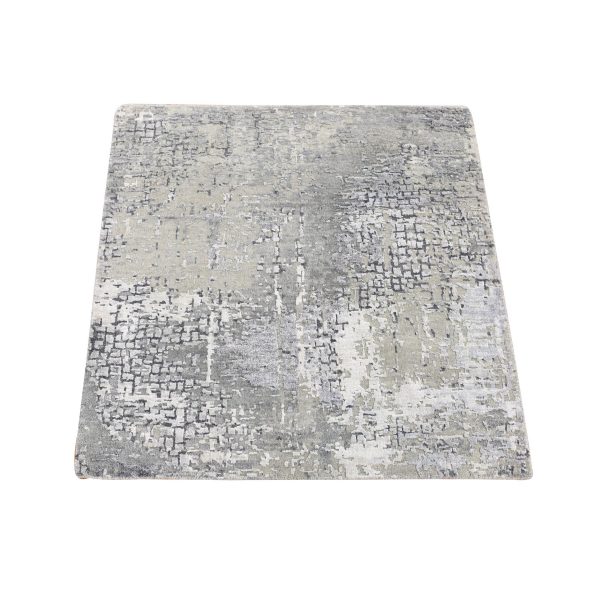 3'x3' Taupe, Wool and Silk Abstract with Mosaic Design, Hand Knotted, Square Oriental Rug HR80347