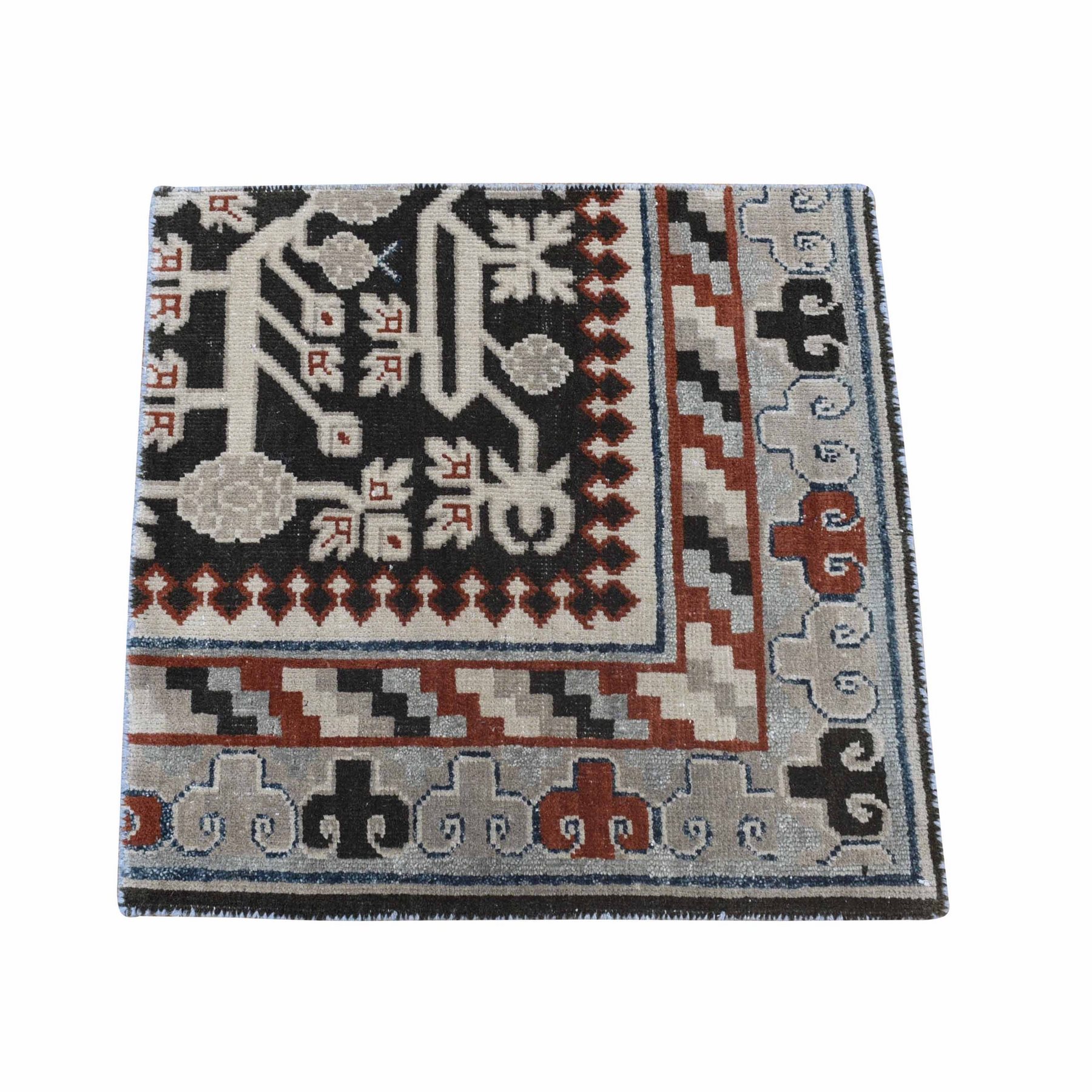 2'1"x2'1" Chocolate Brown, Samarkand Collection, Sample Fragment, 100% Wool, Zero Pile, Hand Knotted Square Oriental Rug HR80357