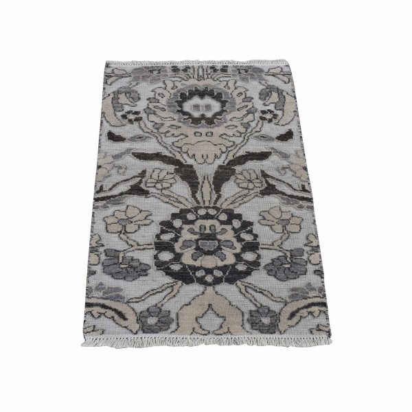 2'1"x3'1" Ivory with Chocolate Brown, 100% Wool, Hi and Lo, Oushak Design, Hand Knotted, Sample Fragment, Textured, Mat Oriental Rug HR80377