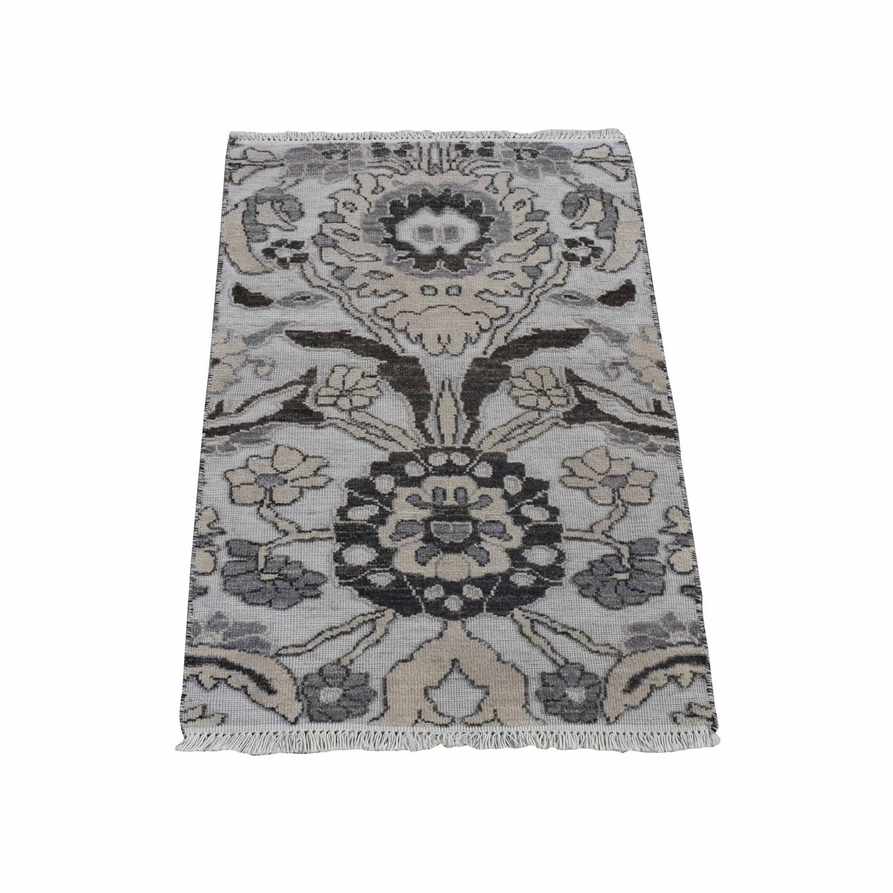 2'1"x3'1" Ivory with Chocolate Brown, 100% Wool, Hi and Lo, Oushak Design, Hand Knotted, Sample Fragment, Textured, Mat Oriental Rug HR80377