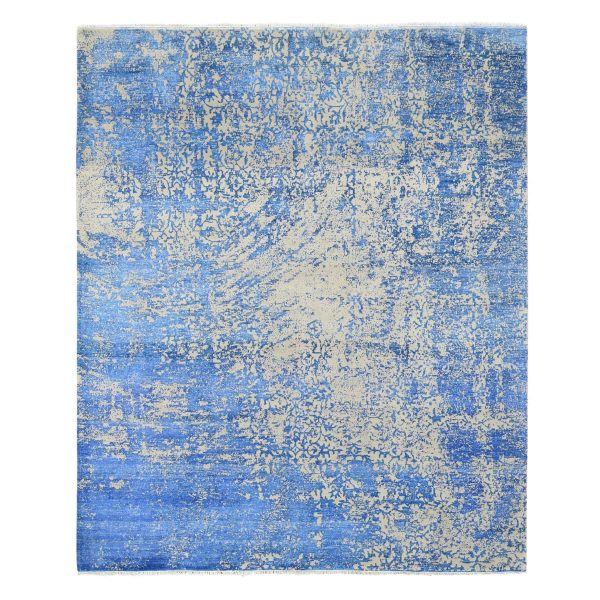 8'1"x9'10" Denim Blue, Hand-Knotted, Modern Abstract Design, Tone on Tone, Wool and Silk, Oriental Rug HR80379