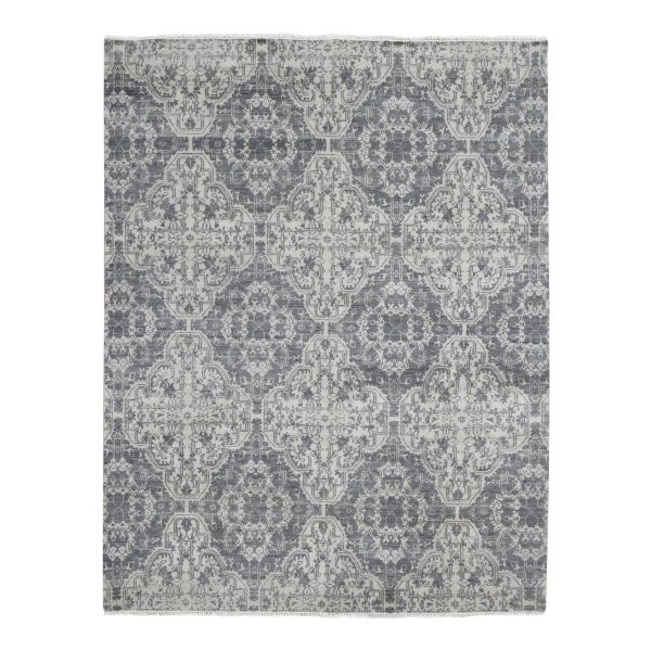 7'9"x10' Ivory, Hand Knotted, Wool and Silk, Geometric Mughal Design with Large Elements Oriental Rug HR80382