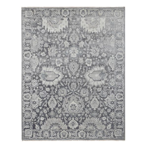 7'10"x10'2" Charcoal Gray, Silk with Textured Wool, Hand Knotted, Oushak Influence, Oriental Rug HR80385