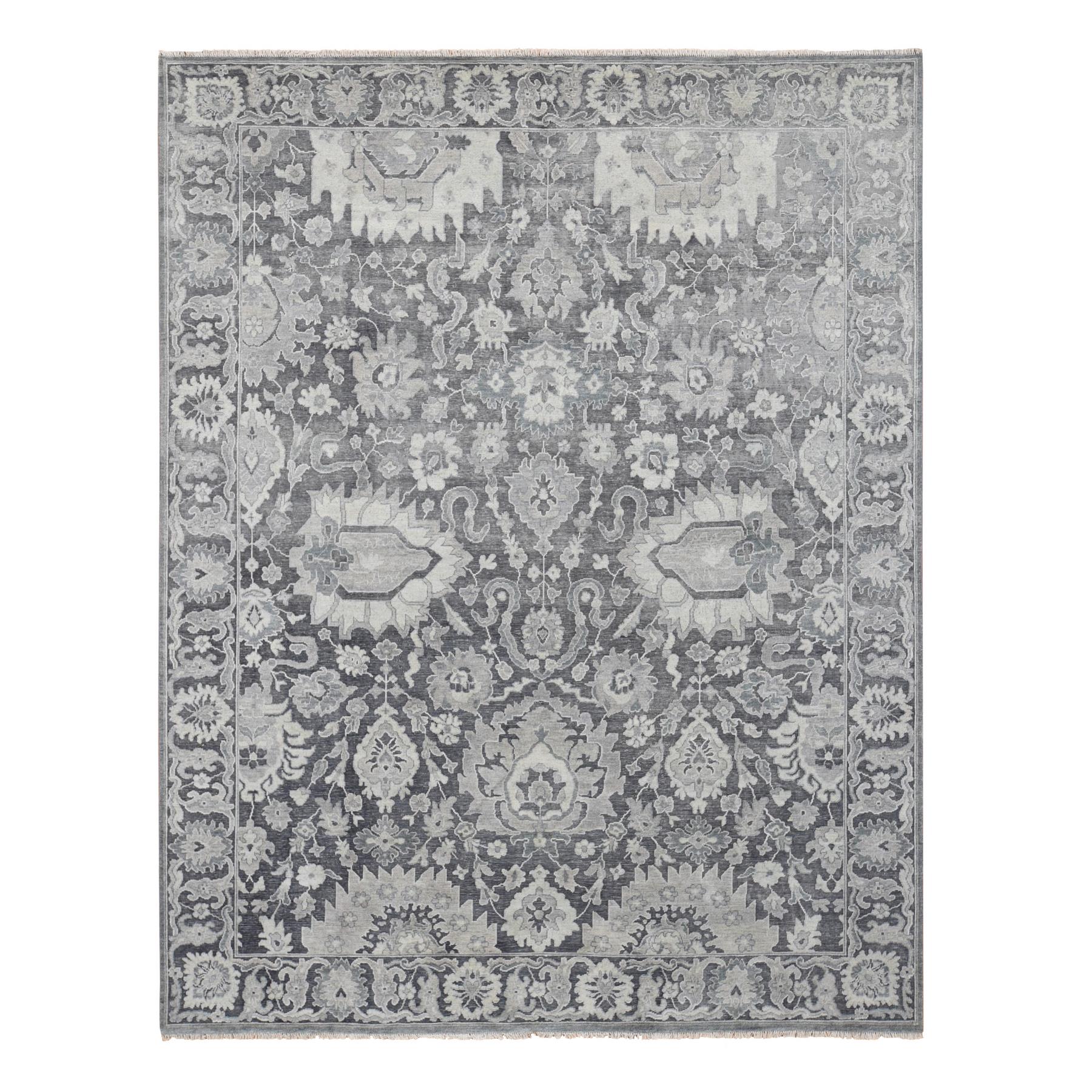 7'10"x10'2" Charcoal Gray, Silk with Textured Wool, Hand Knotted, Oushak Influence, Oriental Rug HR80385