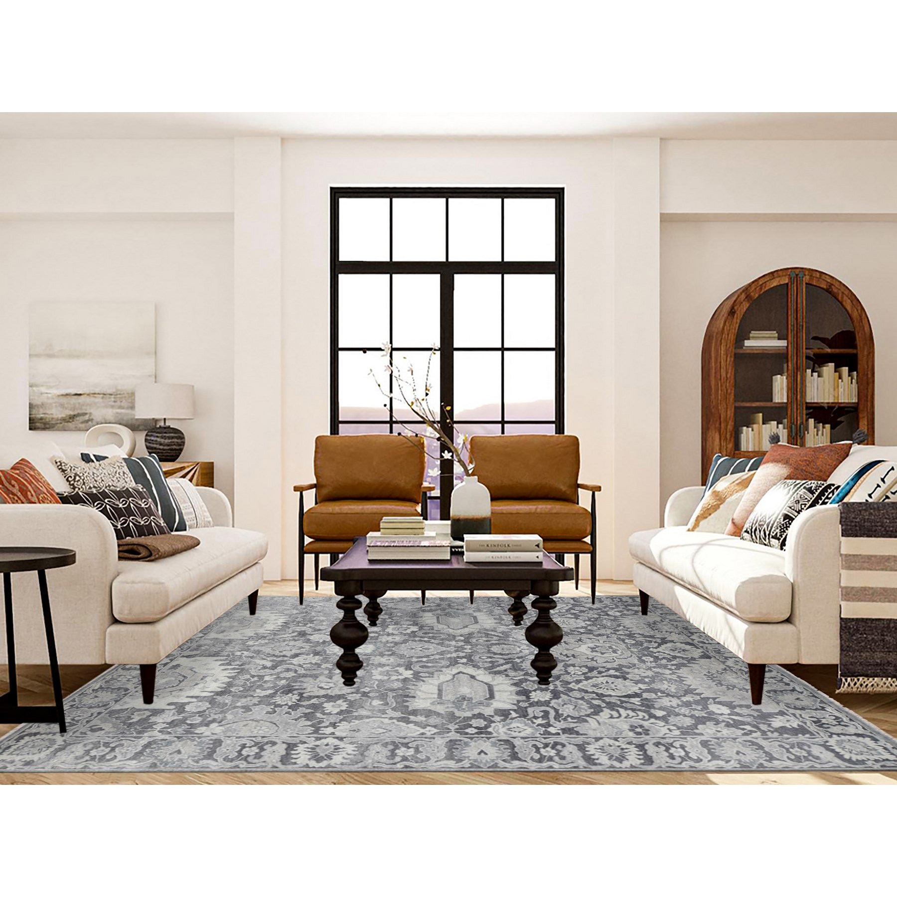 7'10"x10'2" Charcoal Gray, Silk with Textured Wool, Hand Knotted, Oushak Influence, Oriental Rug HR80385 - Image 2