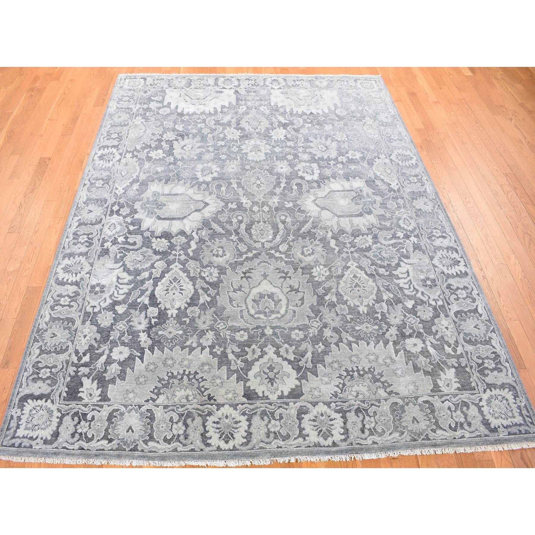 7'10"x10'2" Charcoal Gray, Silk with Textured Wool, Hand Knotted, Oushak Influence, Oriental Rug HR80385 - Image 3