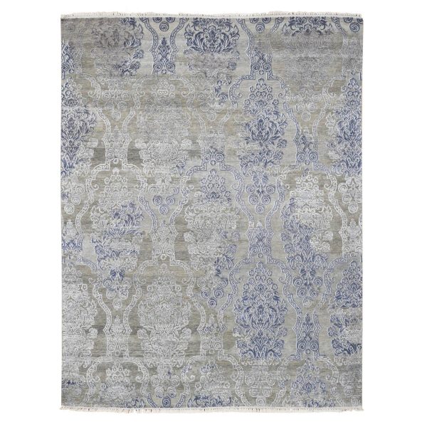 8'1"x10'4" Taupe, Hi and Lo, Silk with Textured Wool, Hand Knotted, Transitional, Oriental Rug HR80386