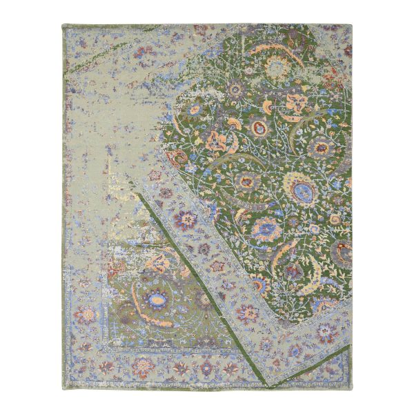 7'9"x9'10" Forest Green, Broken Persian Tabriz with Rug on Top of Rug Design, Silk with Textured Wool, Oriental Rug HR80388