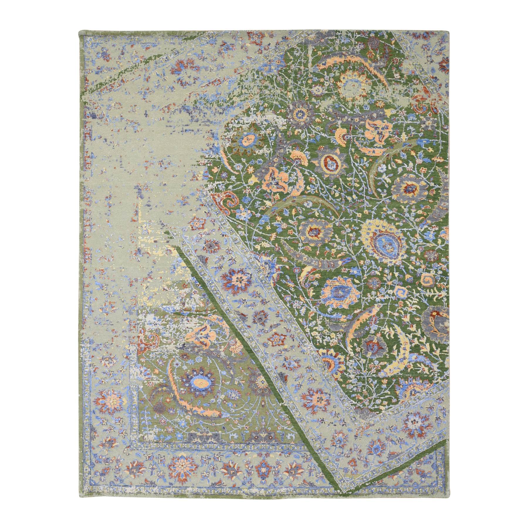 7'9"x9'10" Forest Green, Broken Persian Tabriz with Rug on Top of Rug Design, Silk with Textured Wool, Oriental Rug HR80388