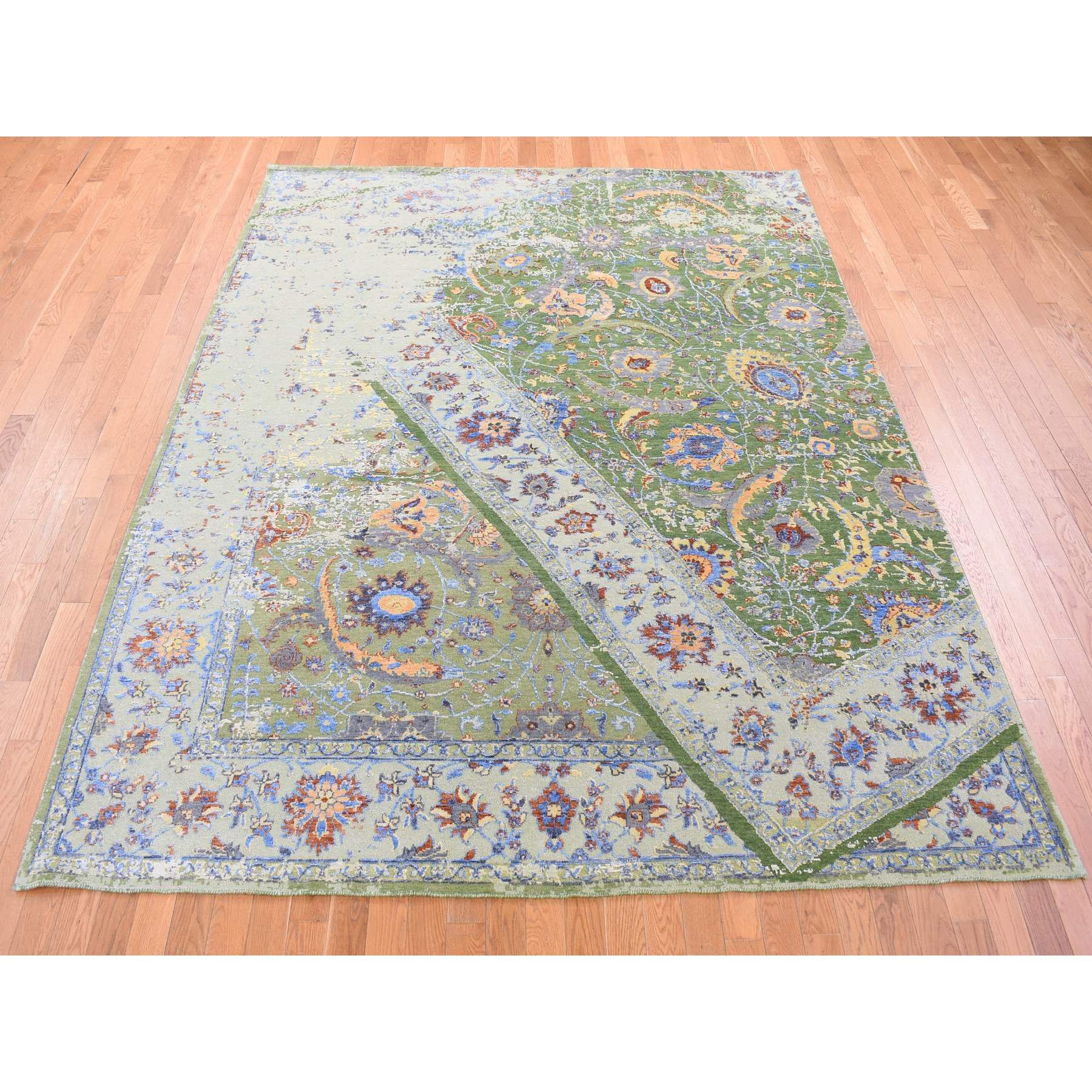 7'9"x9'10" Forest Green, Broken Persian Tabriz with Rug on Top of Rug Design, Silk with Textured Wool, Oriental Rug HR80388 - Image 3