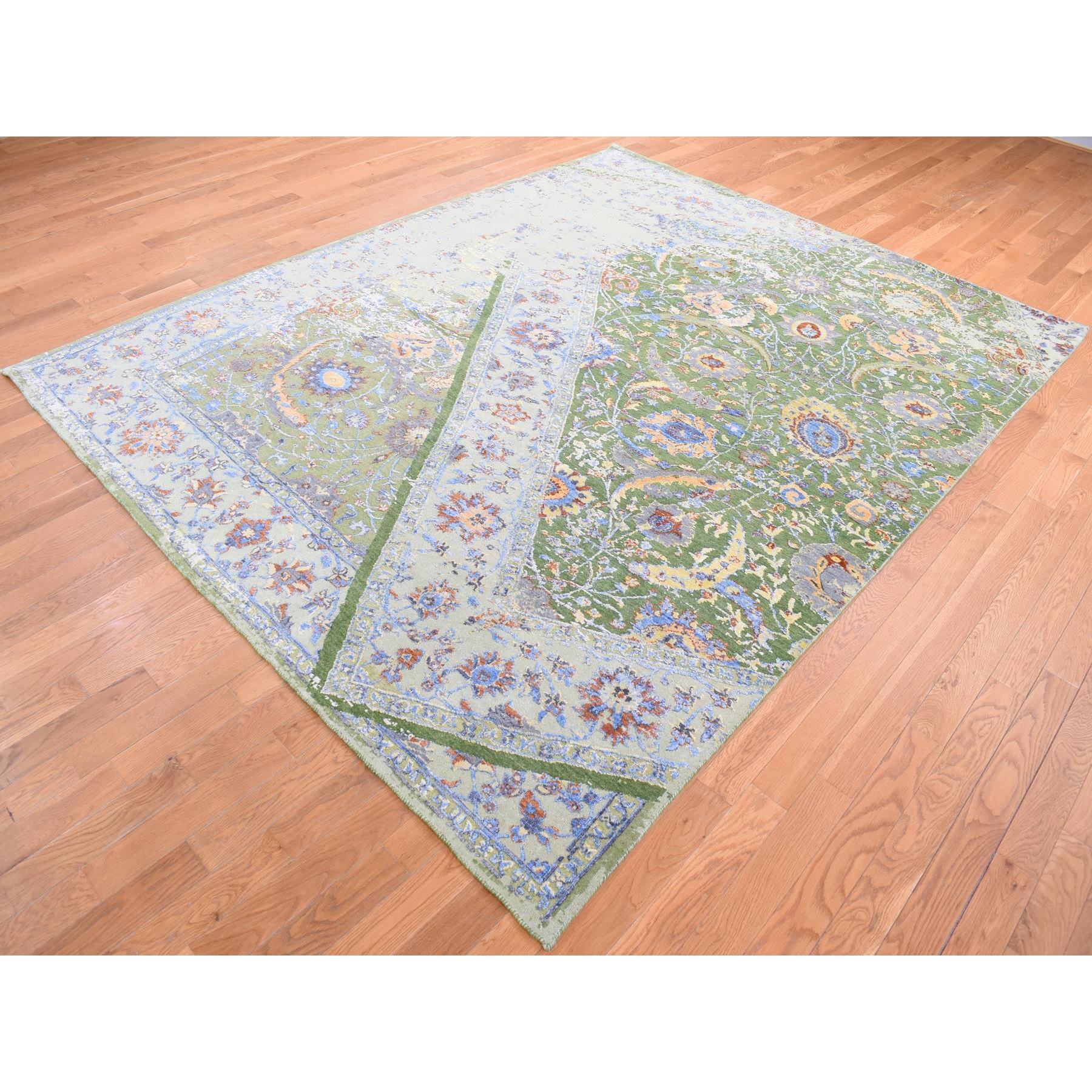 7'9"x9'10" Forest Green, Broken Persian Tabriz with Rug on Top of Rug Design, Silk with Textured Wool, Oriental Rug HR80388 - Image 4