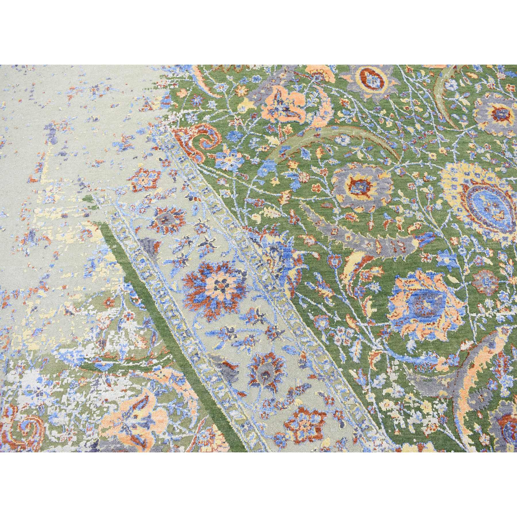 7'9"x9'10" Forest Green, Broken Persian Tabriz with Rug on Top of Rug Design, Silk with Textured Wool, Oriental Rug HR80388 - Image 9