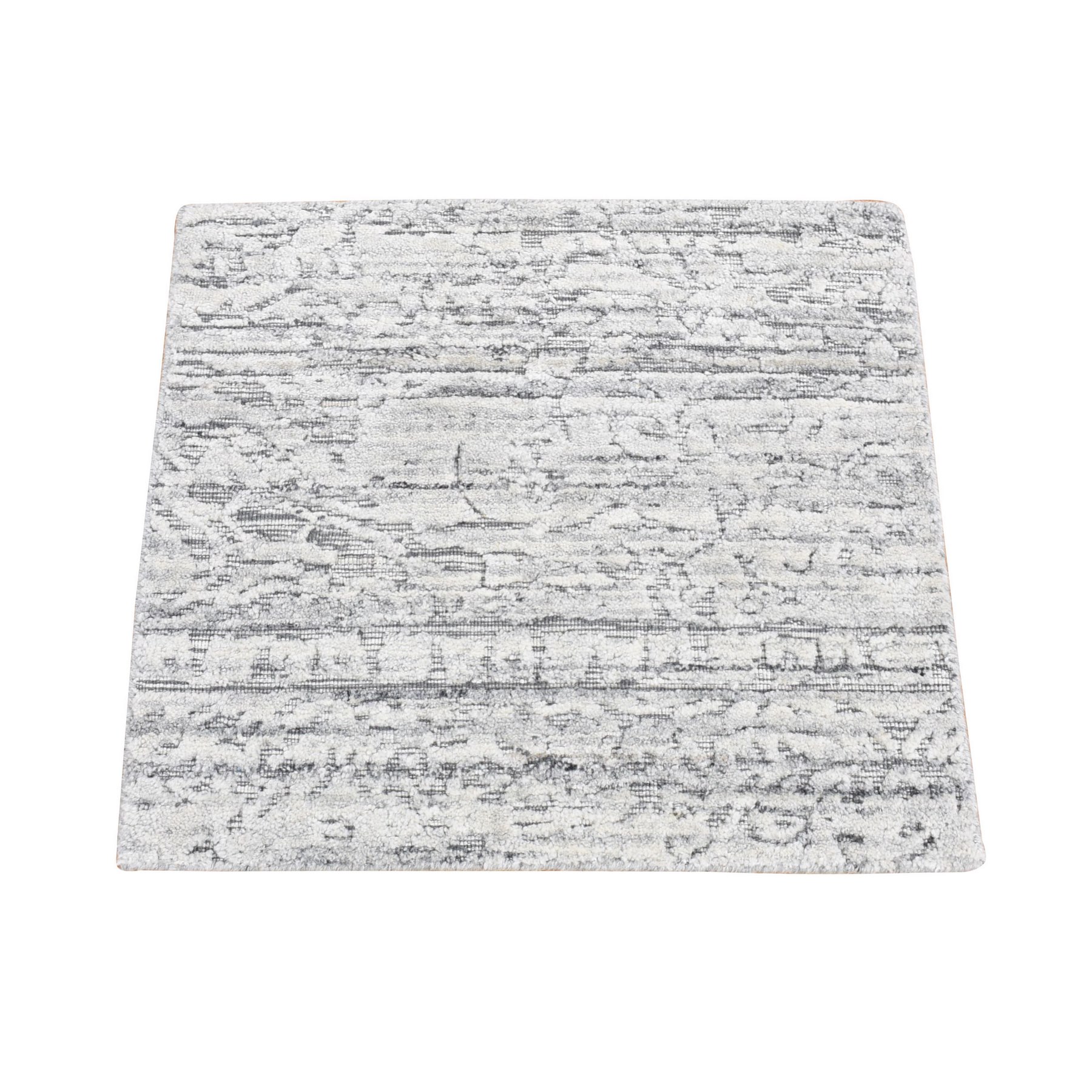 2'x2' Light Gray, Jacquard, Hand Loomed, Modern Design, Wool with Textured Pile, Sample Fragment, Oriental Rug HR80409