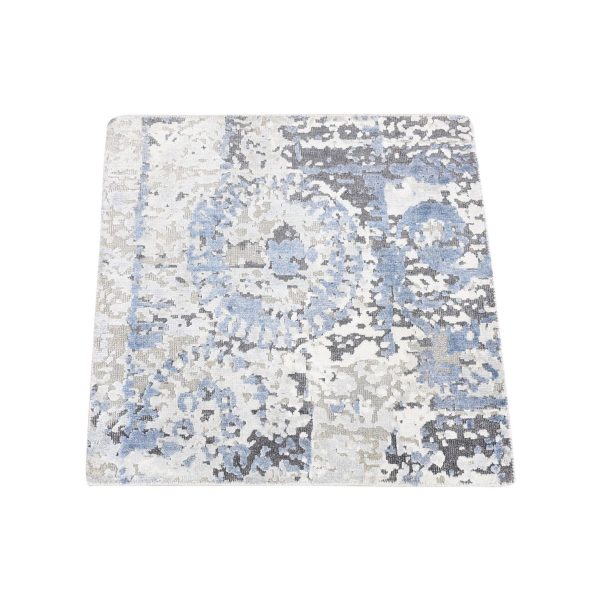2'1"x2'1" Beige, Silk with Textured Wool, Broken Circle Design, Sample Fragment, Hand Knotted, Oriental Rug HR80419