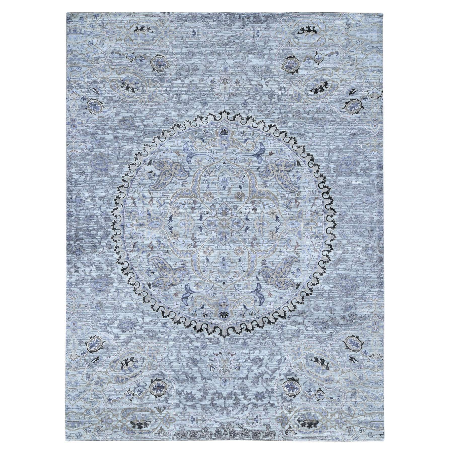 9'x12' Silver Gray, THE MAHARAJA Design, Silk with Textured Wool Hand Knotted, Oriental Rug HR80451