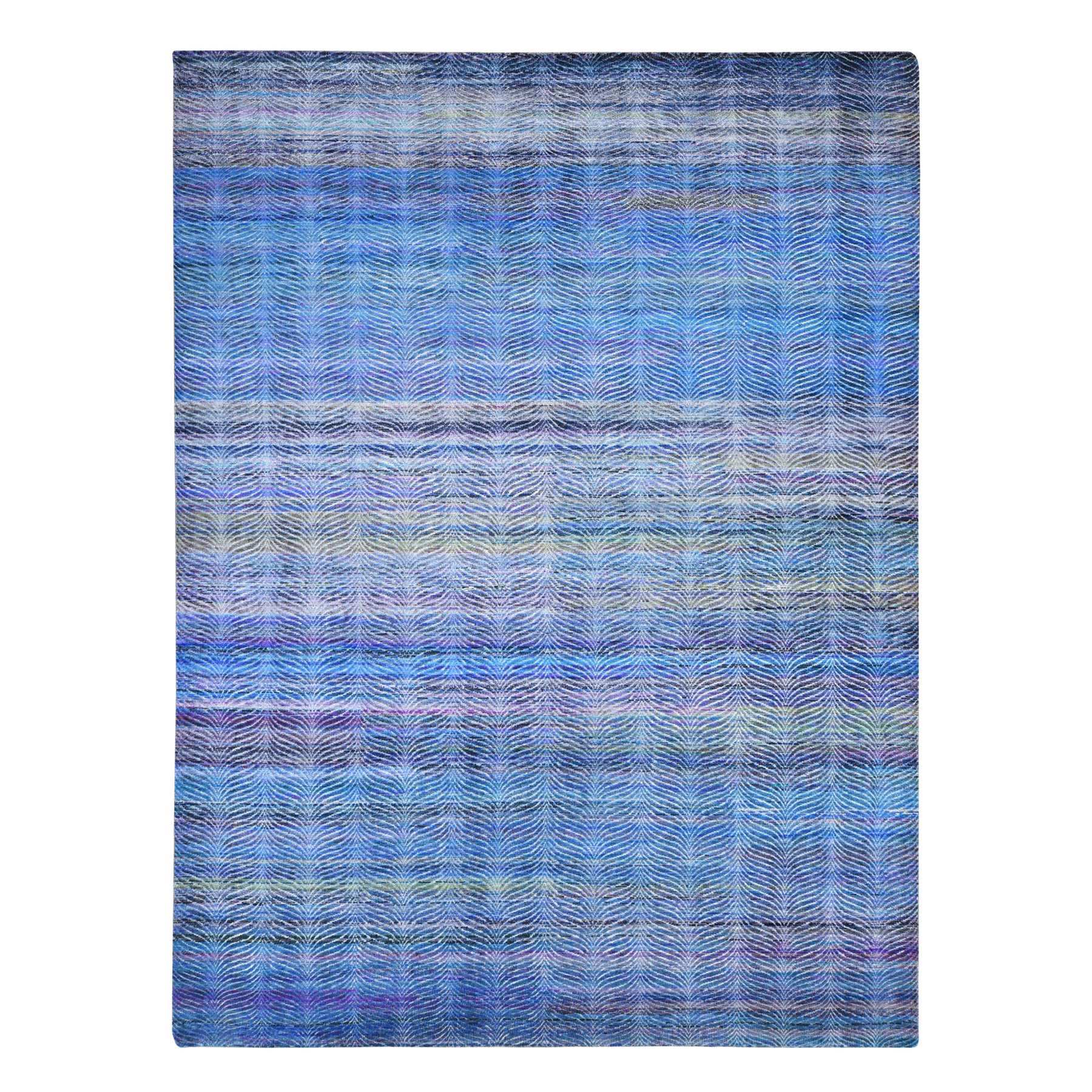 9'1"x12'3" Colorful, Modern Leaf Design, Sari Silk and Textured Wool Hand Knotted, Oriental Rug HR80453