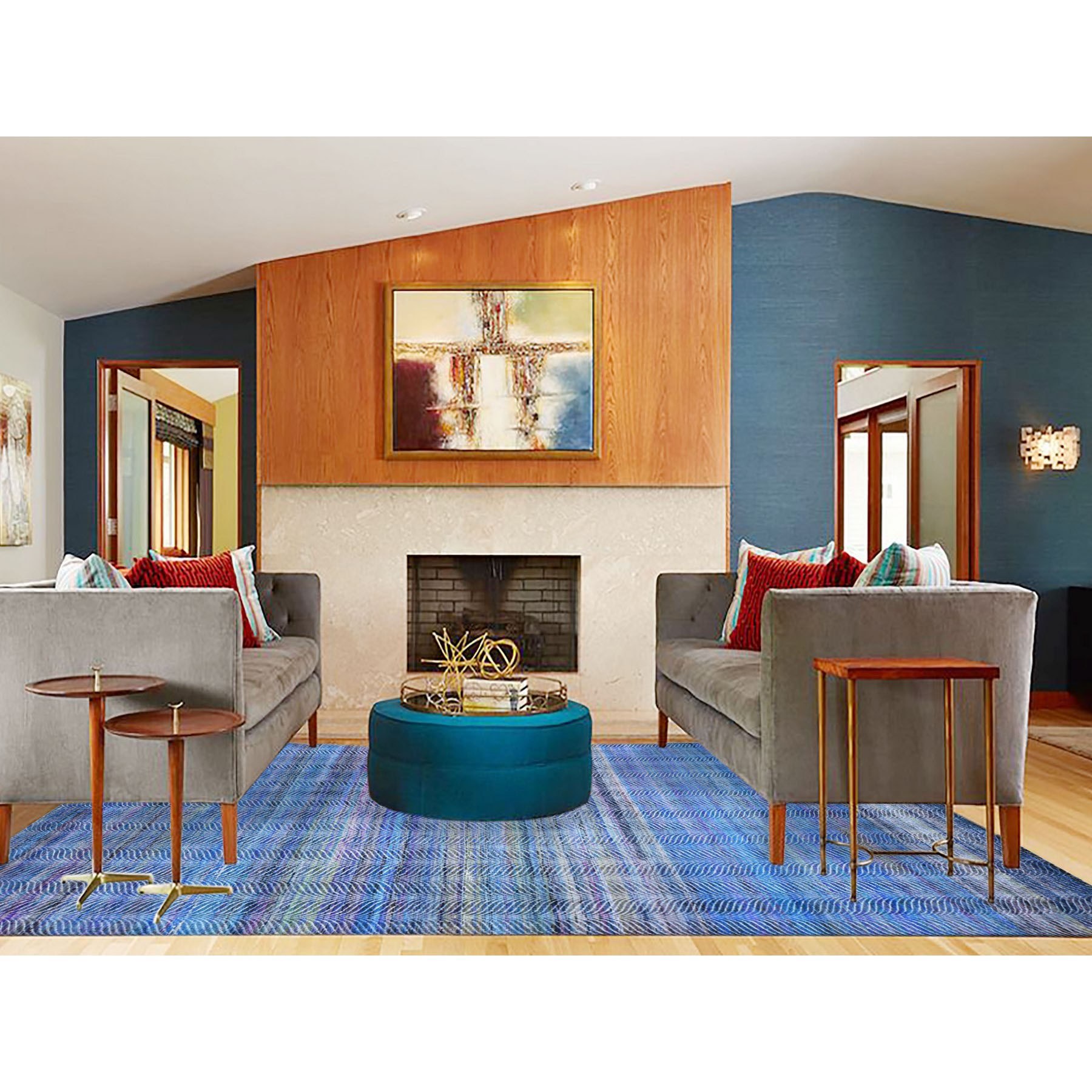 9'1"x12'3" Colorful, Modern Leaf Design, Sari Silk and Textured Wool Hand Knotted, Oriental Rug HR80453 - Image 2