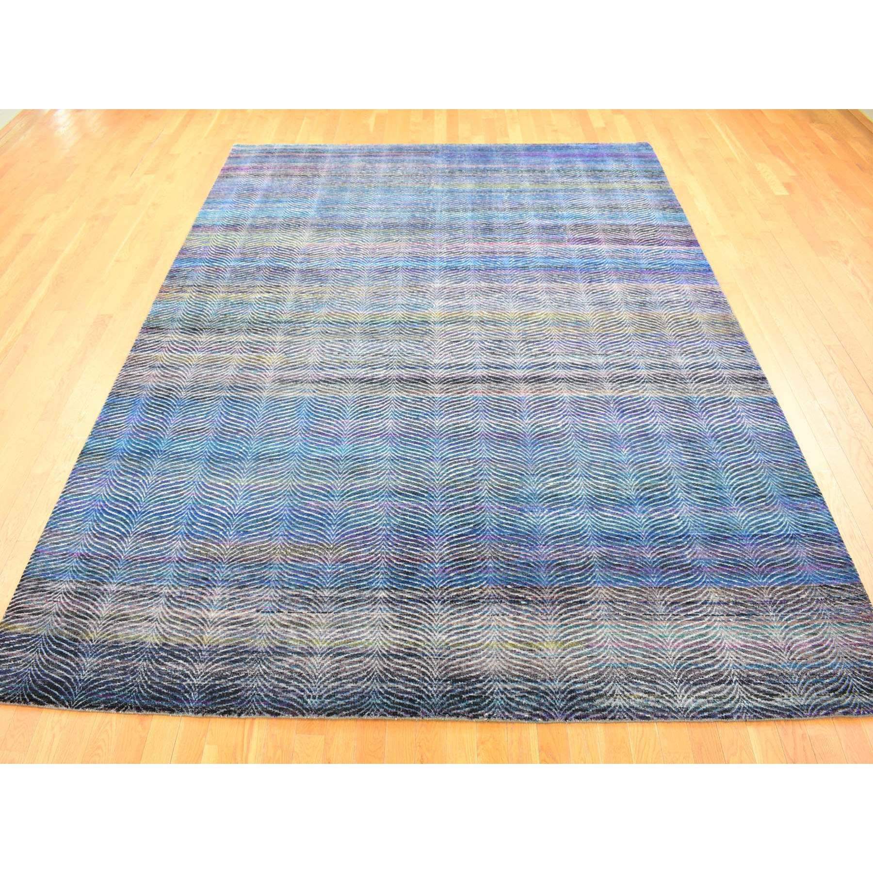9'1"x12'3" Colorful, Modern Leaf Design, Sari Silk and Textured Wool Hand Knotted, Oriental Rug HR80453 - Image 3