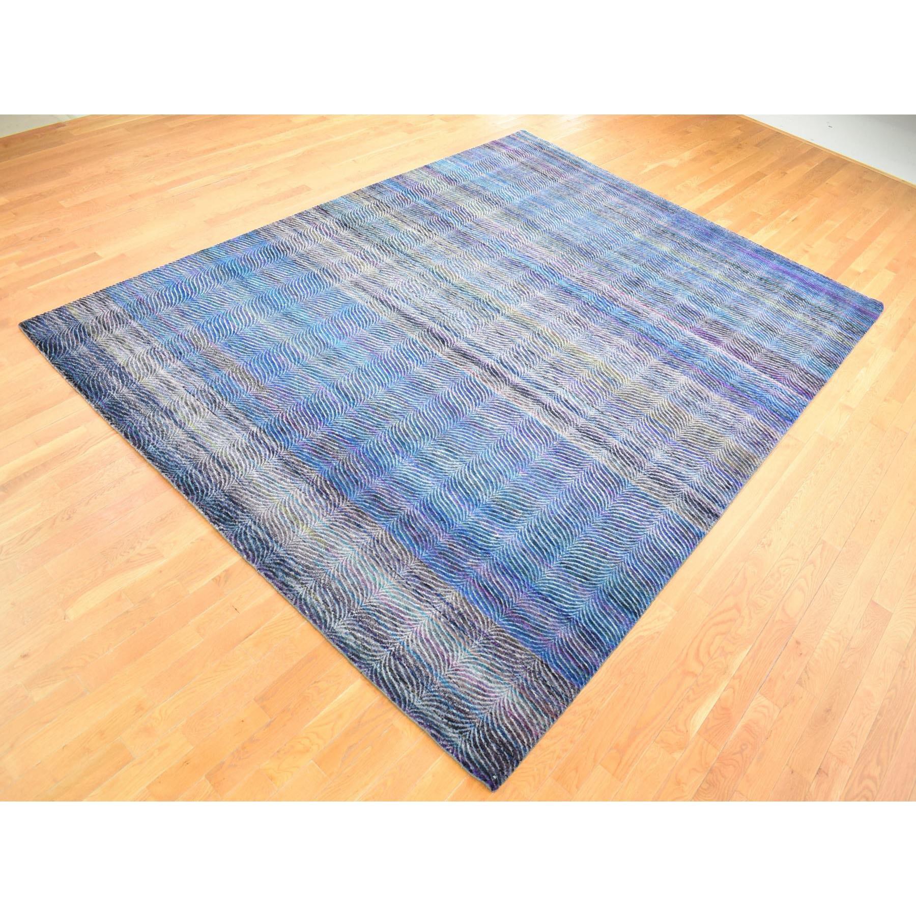 9'1"x12'3" Colorful, Modern Leaf Design, Sari Silk and Textured Wool Hand Knotted, Oriental Rug HR80453 - Image 4