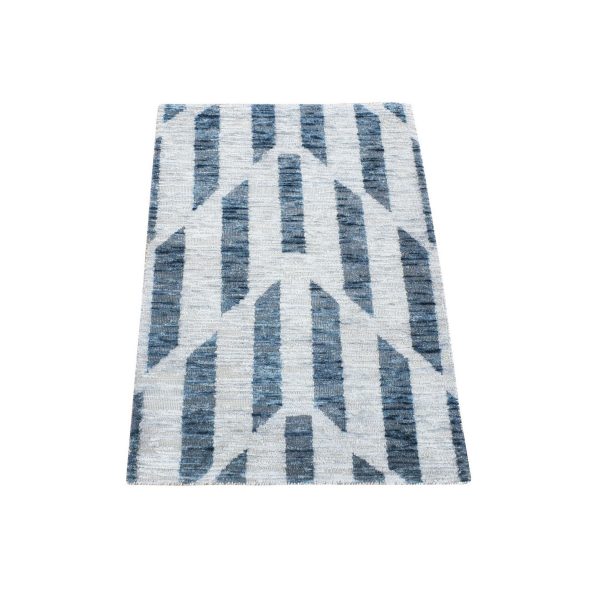 2'1"x3'2" Ivory, Modern Geometric Design, Pure Silk with Textured Wool Hand Knotted, Mat Oriental Rug HR80460