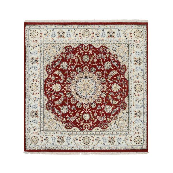 6'x6' Cherry Red, Nain with Medallion and Flower Design 250 KPSI, Wool and Silk Hand Knotted, Square Oriental Rug HR64724
