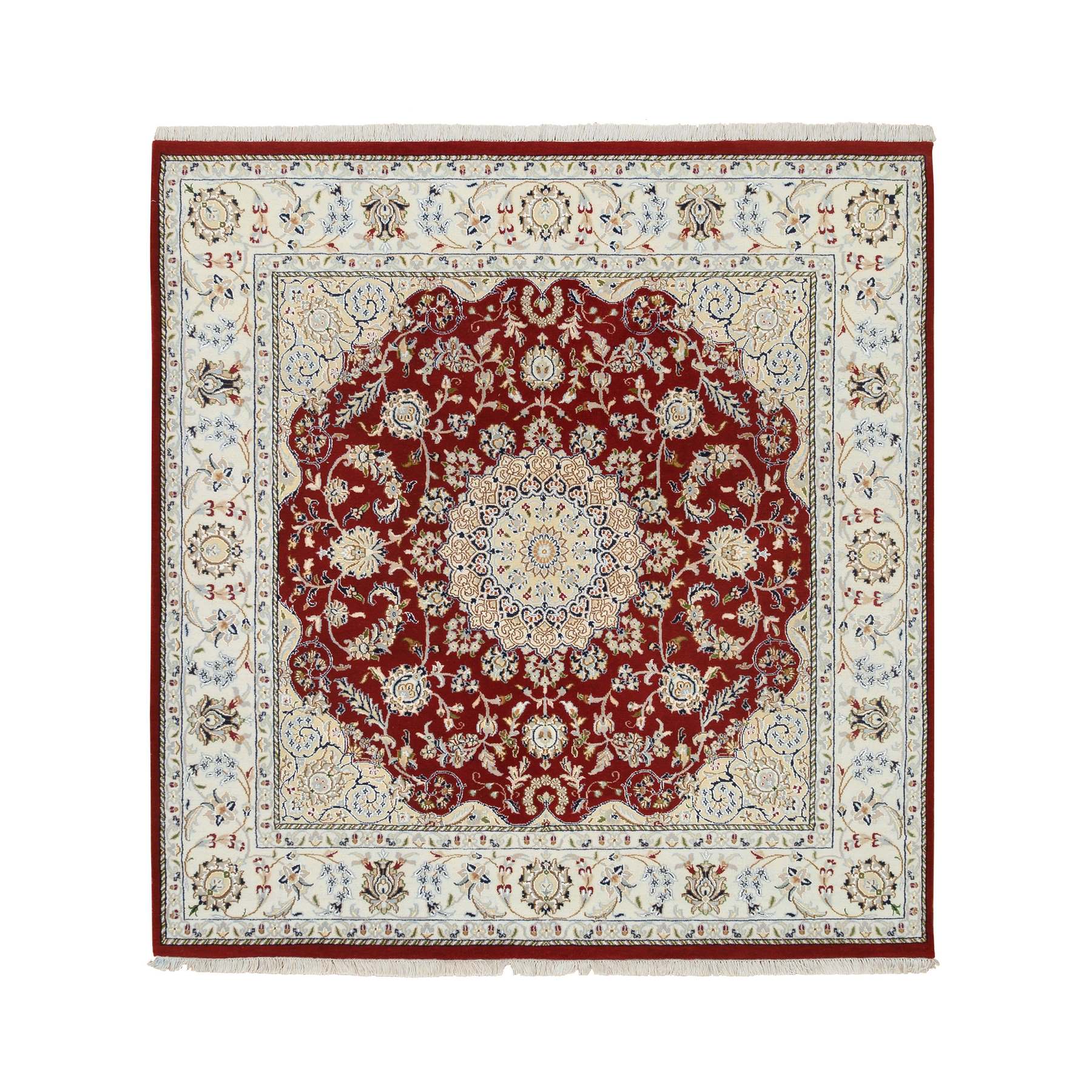 6'x6' Cherry Red, Nain with Medallion and Flower Design 250 KPSI, Wool and Silk Hand Knotted, Square Oriental Rug HR64724