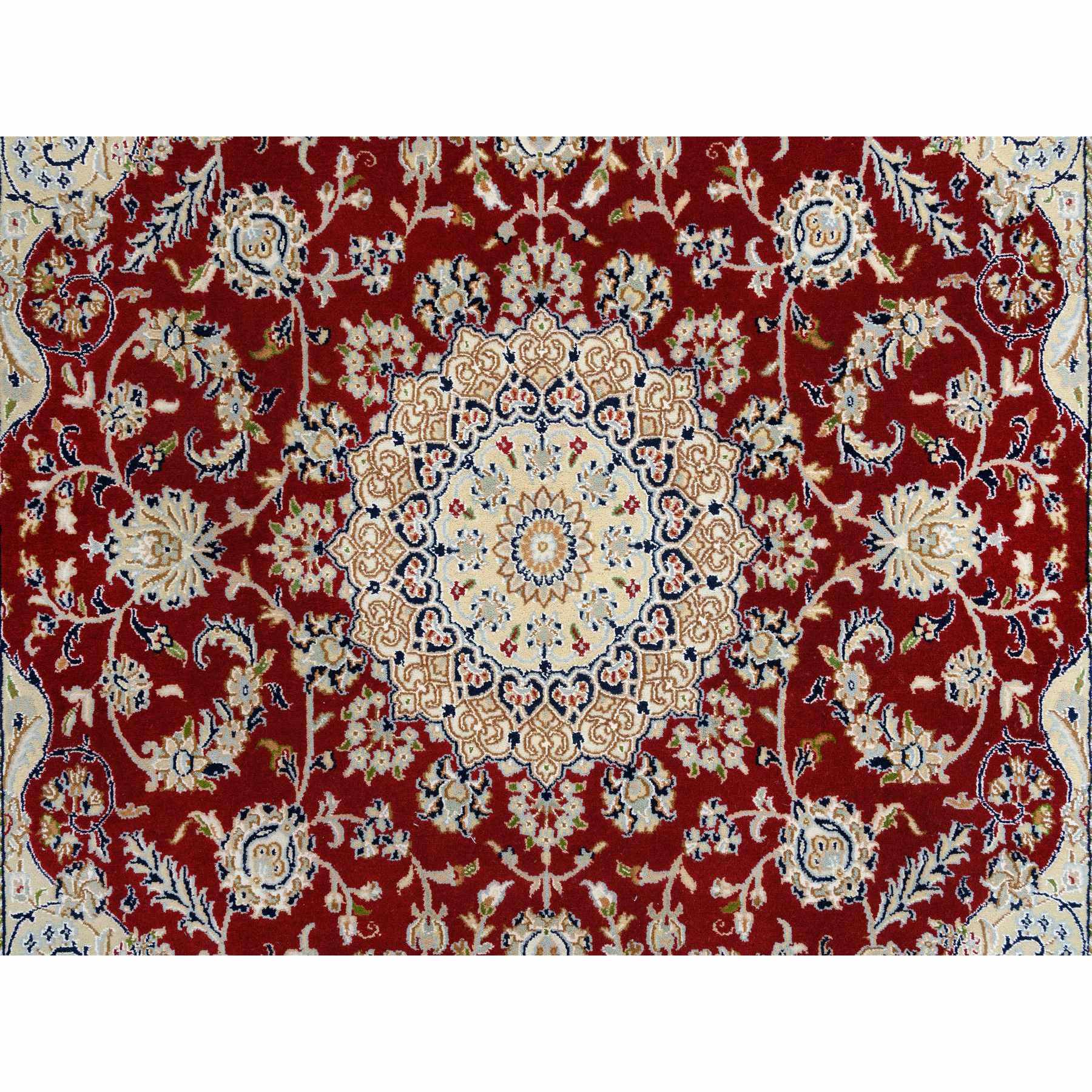 6'x6' Cherry Red, Nain with Medallion and Flower Design 250 KPSI, Wool and Silk Hand Knotted, Square Oriental Rug HR64724 - Image 5
