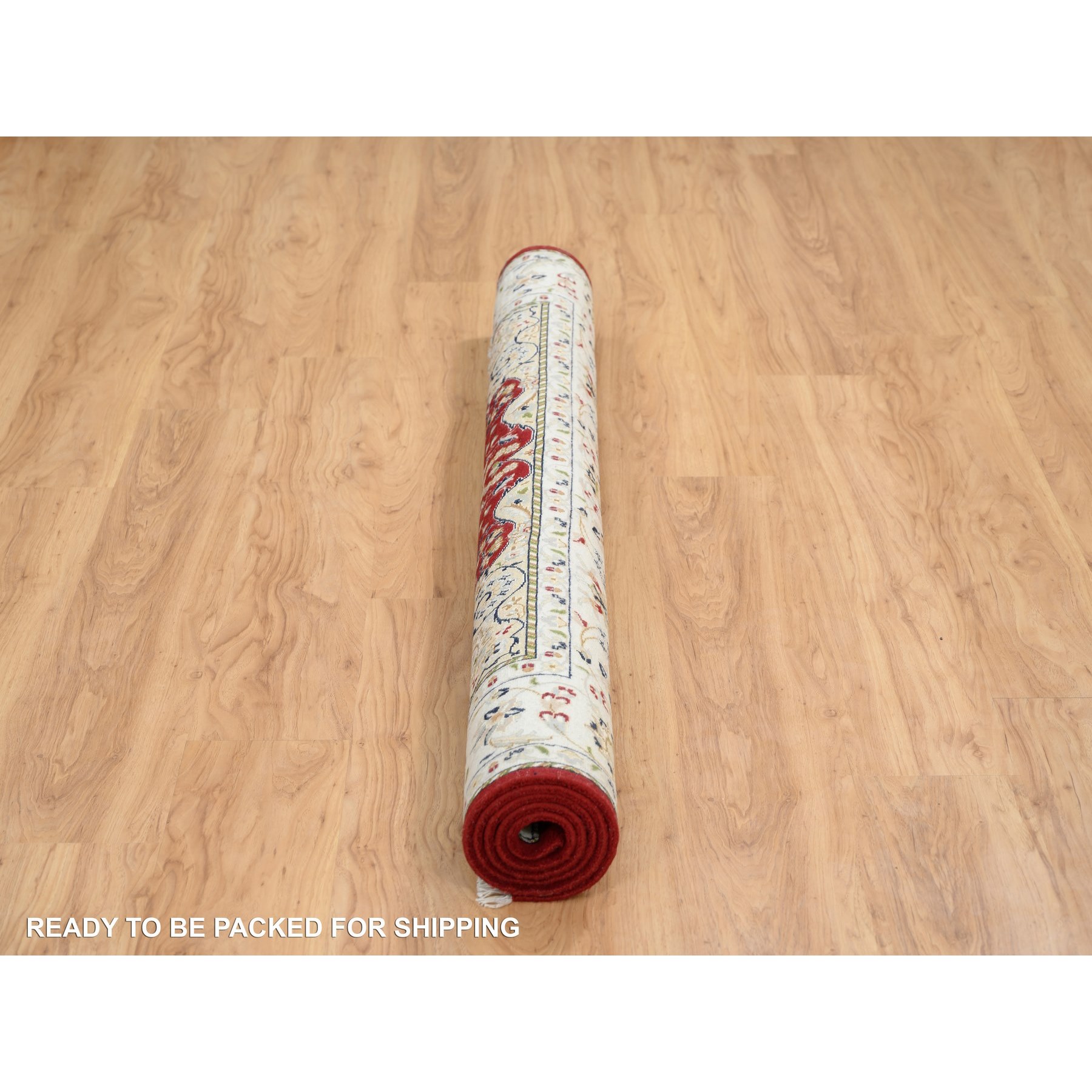 6'x6' Cherry Red, Nain with Medallion and Flower Design 250 KPSI, Wool and Silk Hand Knotted, Square Oriental Rug HR64724 - Image 6