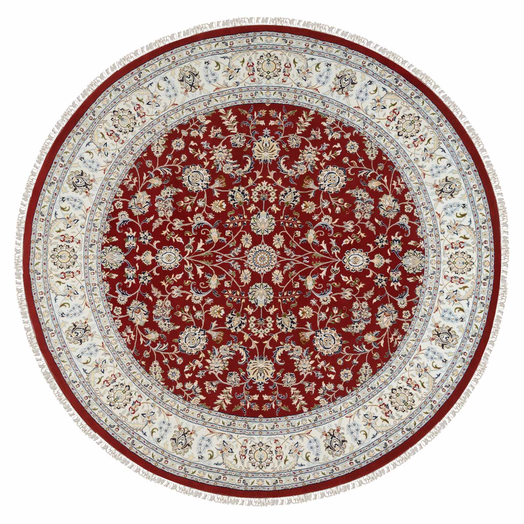 9'1"x9'1" Cherry Red, Hand Knotted Nain with All Over Design, 250 KPSI Wool and Silk, Round Oriental Rug HR64728
