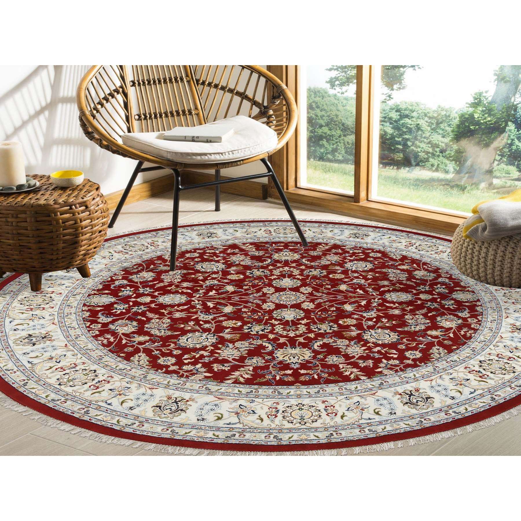 9'1"x9'1" Cherry Red, Hand Knotted Nain with All Over Design, 250 KPSI Wool and Silk, Round Oriental Rug HR64728 - Image 2
