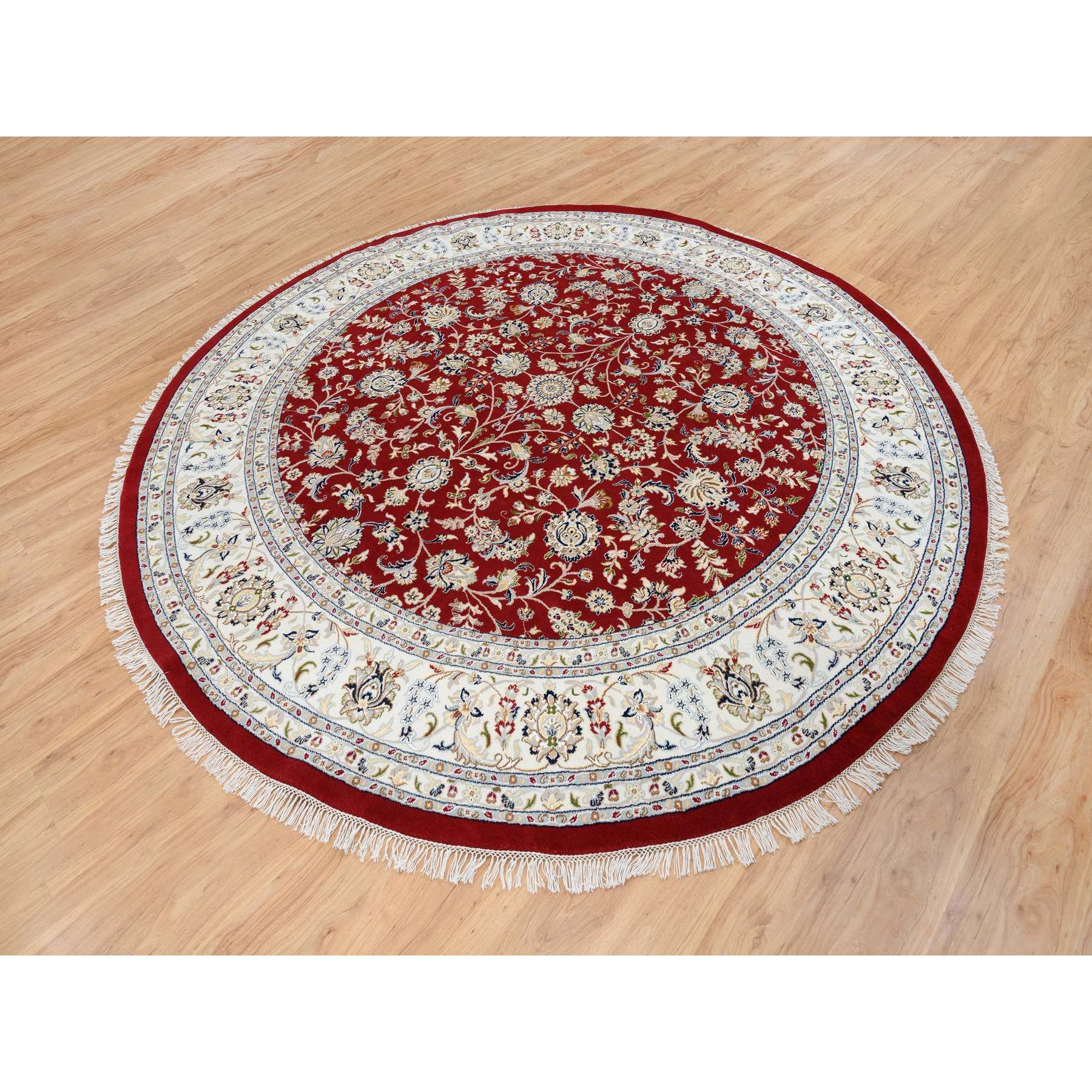 9'1"x9'1" Cherry Red, Hand Knotted Nain with All Over Design, 250 KPSI Wool and Silk, Round Oriental Rug HR64728 - Image 4