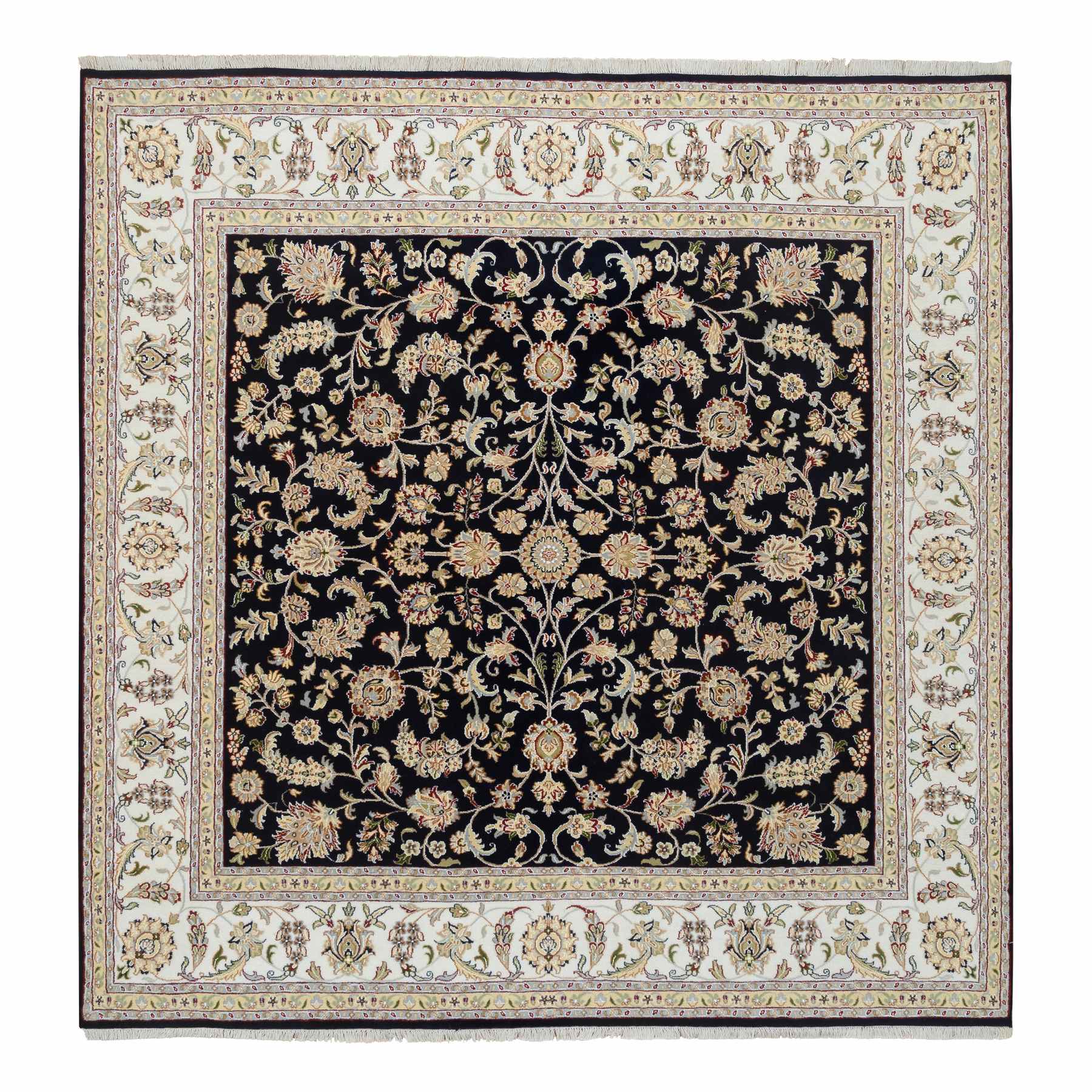 8'2"x8'2" Midnight Blue, Wool and Silk, Nain with All Over Design, 250 KPSI, Hand Knotted, Square, Oriental Rug HR64731