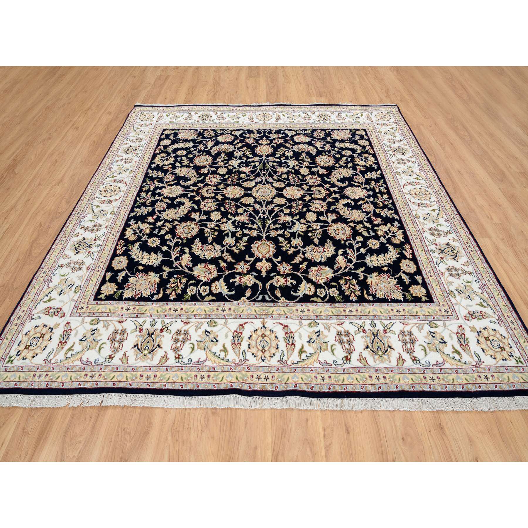 8'2"x8'2" Midnight Blue, Wool and Silk, Nain with All Over Design, 250 KPSI, Hand Knotted, Square, Oriental Rug HR64731 - Image 2