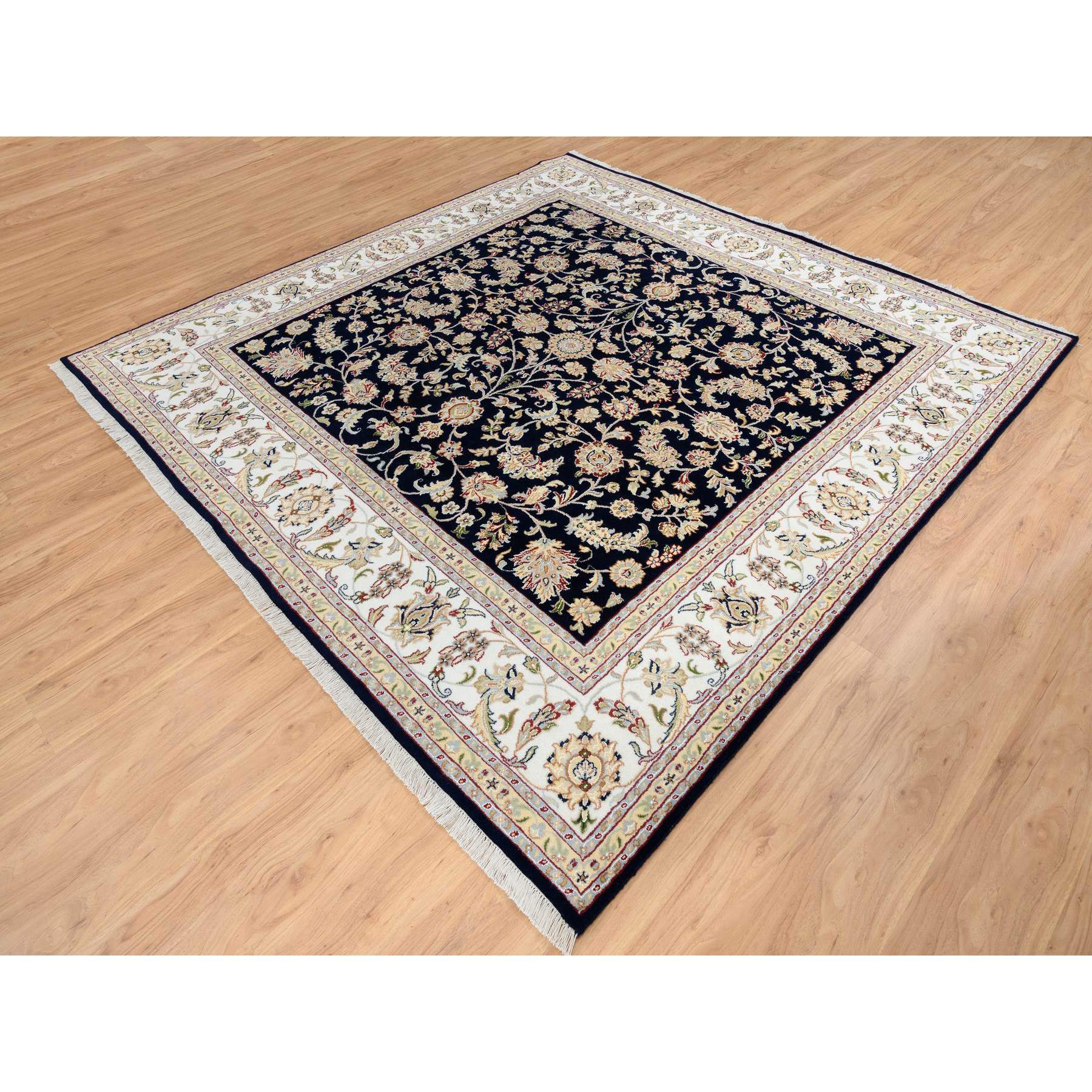 8'2"x8'2" Midnight Blue, Wool and Silk, Nain with All Over Design, 250 KPSI, Hand Knotted, Square, Oriental Rug HR64731 - Image 3