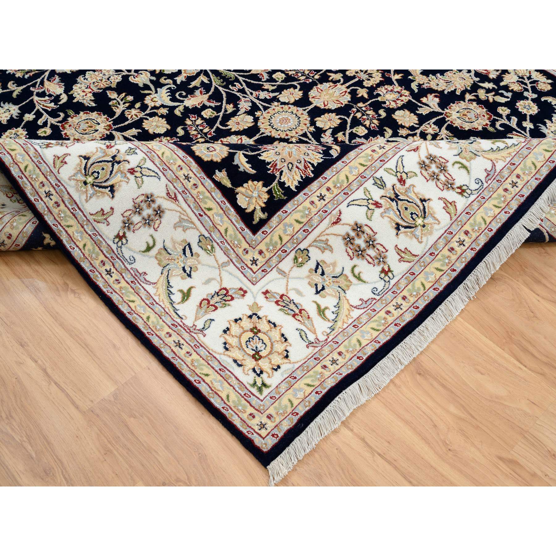 8'2"x8'2" Midnight Blue, Wool and Silk, Nain with All Over Design, 250 KPSI, Hand Knotted, Square, Oriental Rug HR64731 - Image 6