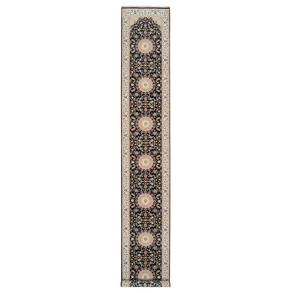 2'7"x16'4" Midnight Blue, Hand Knotted, Nain with Flower Medallion Design, 250 KPSI, Wool and Silk, Oriental XL Runner Rug HR64738