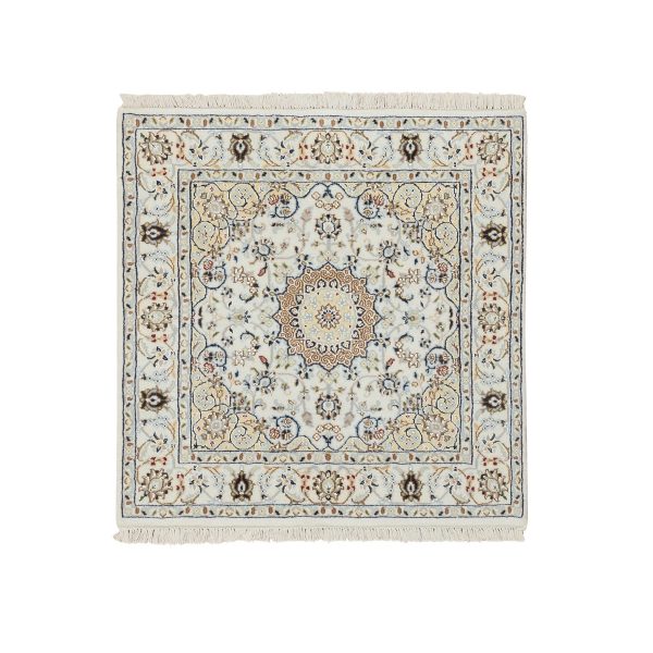 3'1"x3'1" Ivory, 250 KPSI, Nain with Flower Medallion Design, Wool and Silk, Hand Knotted, Square Oriental Rug HR64757