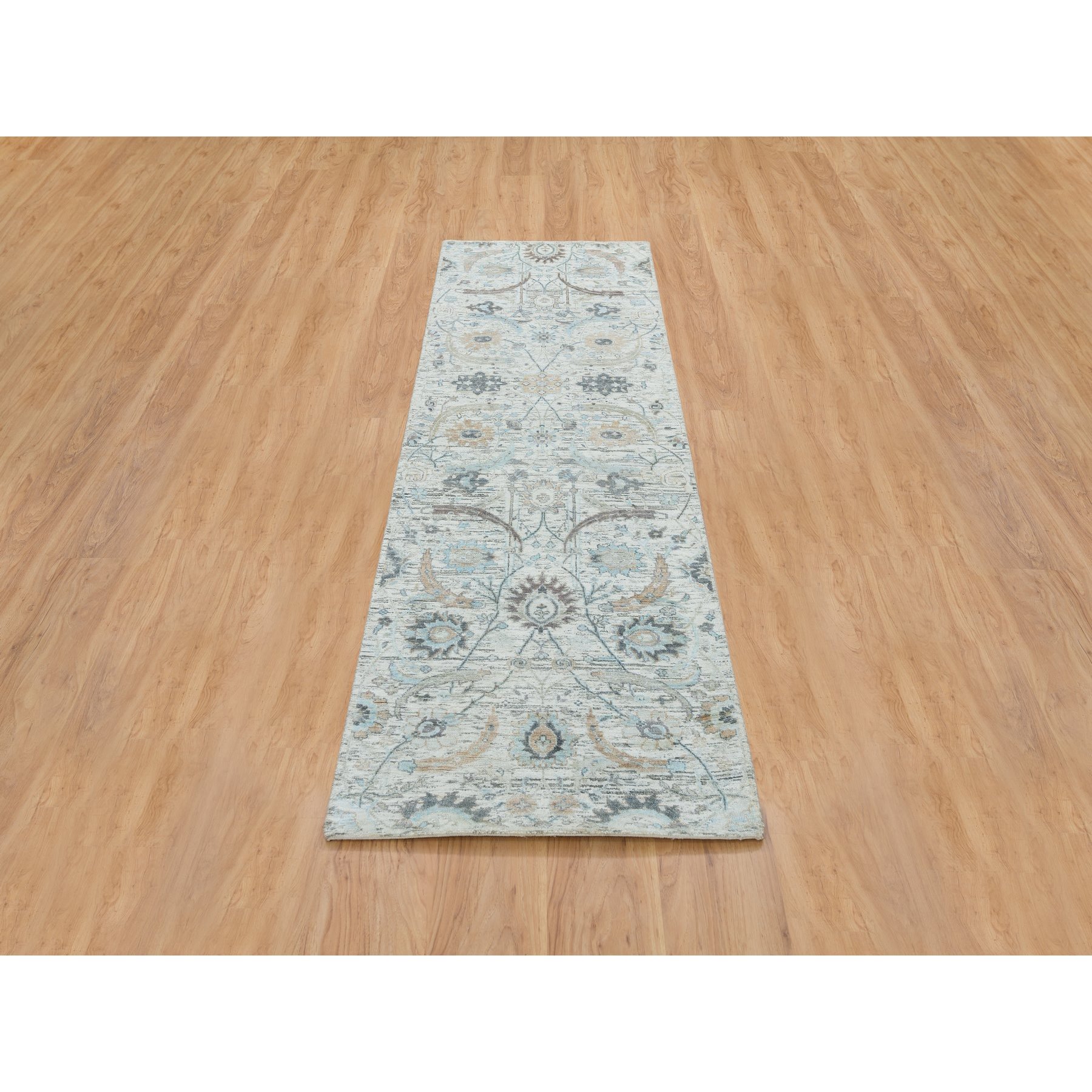 2'7"x8'2" Ivory, Hand Knotted Sickle Leaf Design, Soft Pile Silk With Textured Wool, Runner Oriental Rug HR64886 - Image 2