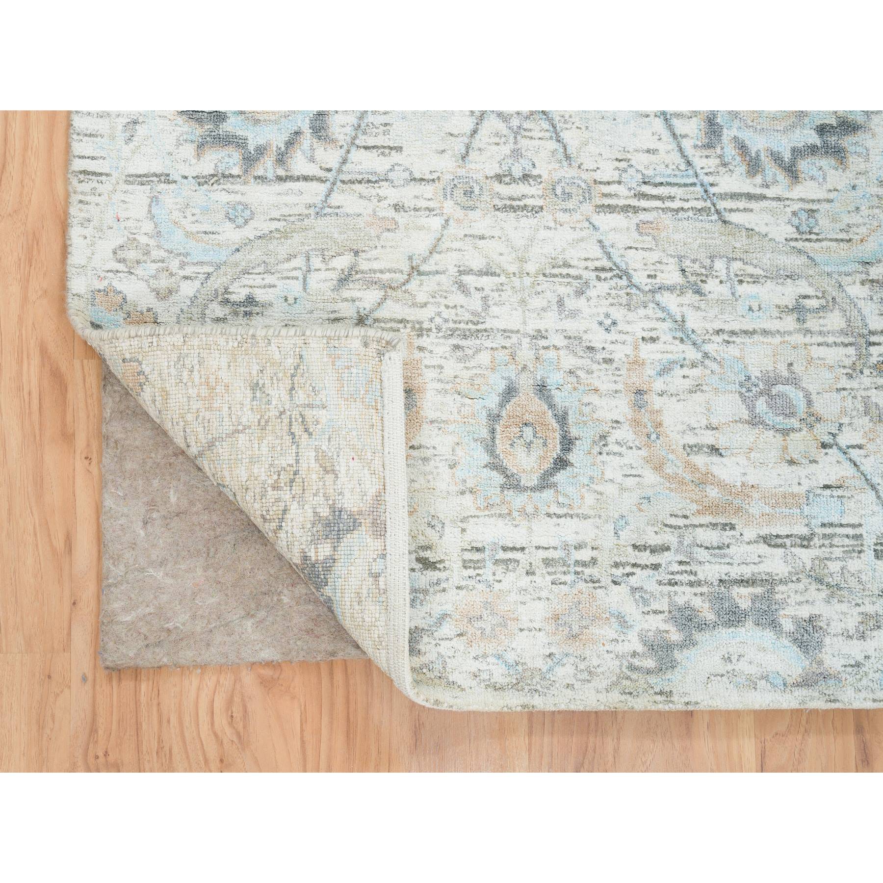 2'7"x8'2" Ivory, Hand Knotted Sickle Leaf Design, Soft Pile Silk With Textured Wool, Runner Oriental Rug HR64886 - Image 3