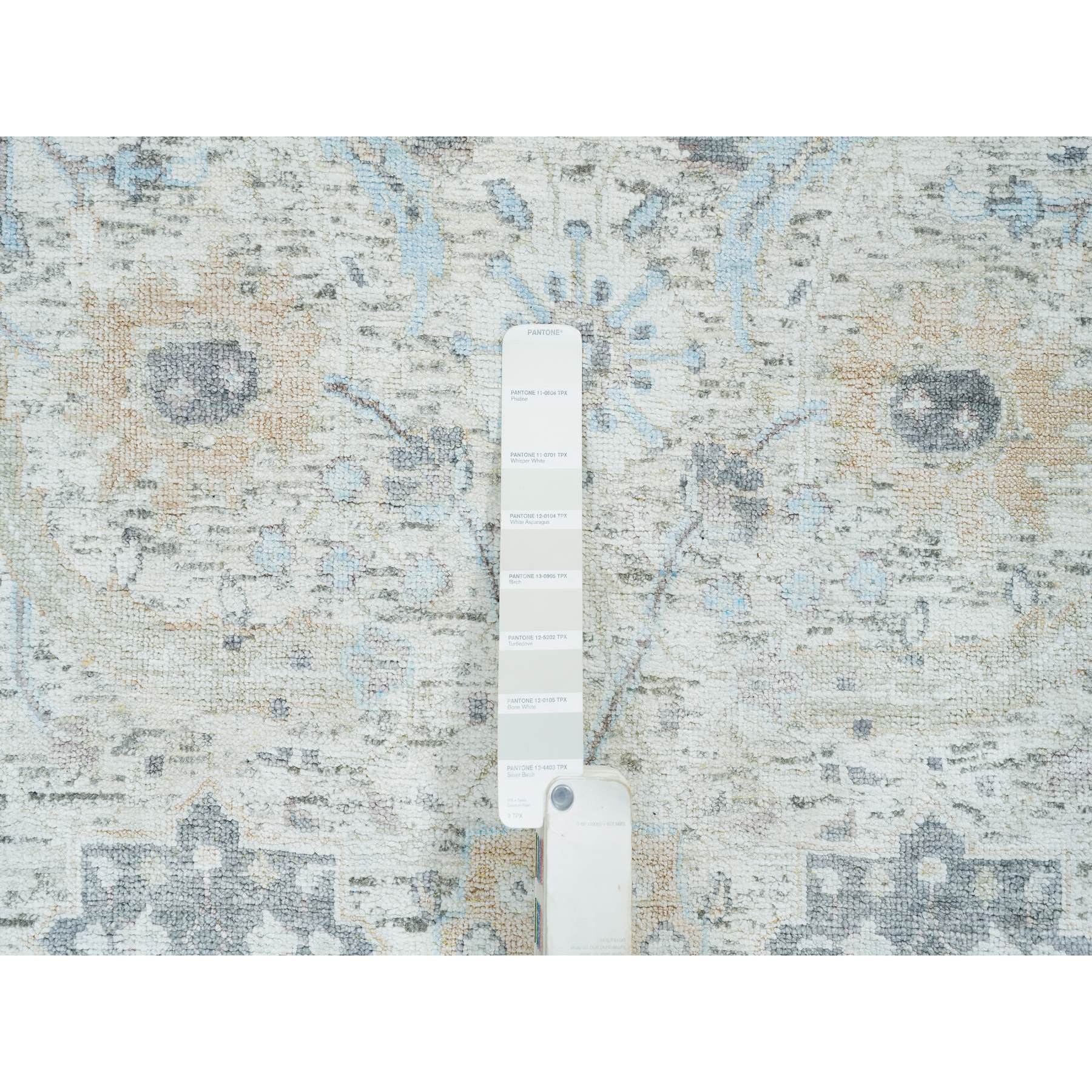 2'7"x8'2" Ivory, Hand Knotted Sickle Leaf Design, Soft Pile Silk With Textured Wool, Runner Oriental Rug HR64886 - Image 4