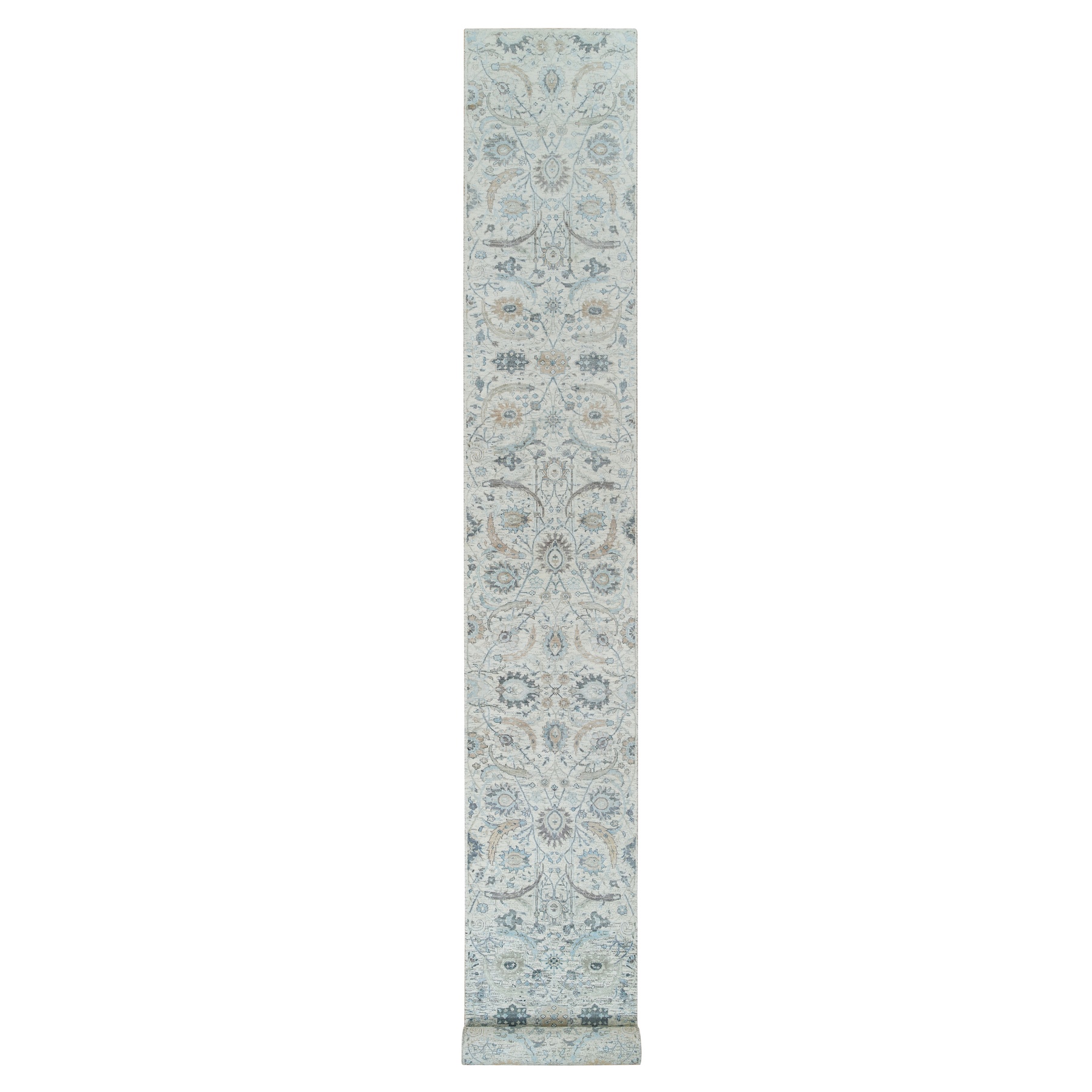 2'6"x20' Ivory, Sickle Leaf Design Soft Pile, Silk With Textured Wool Hand Knotted, XL Runner Oriental Rug HR64891